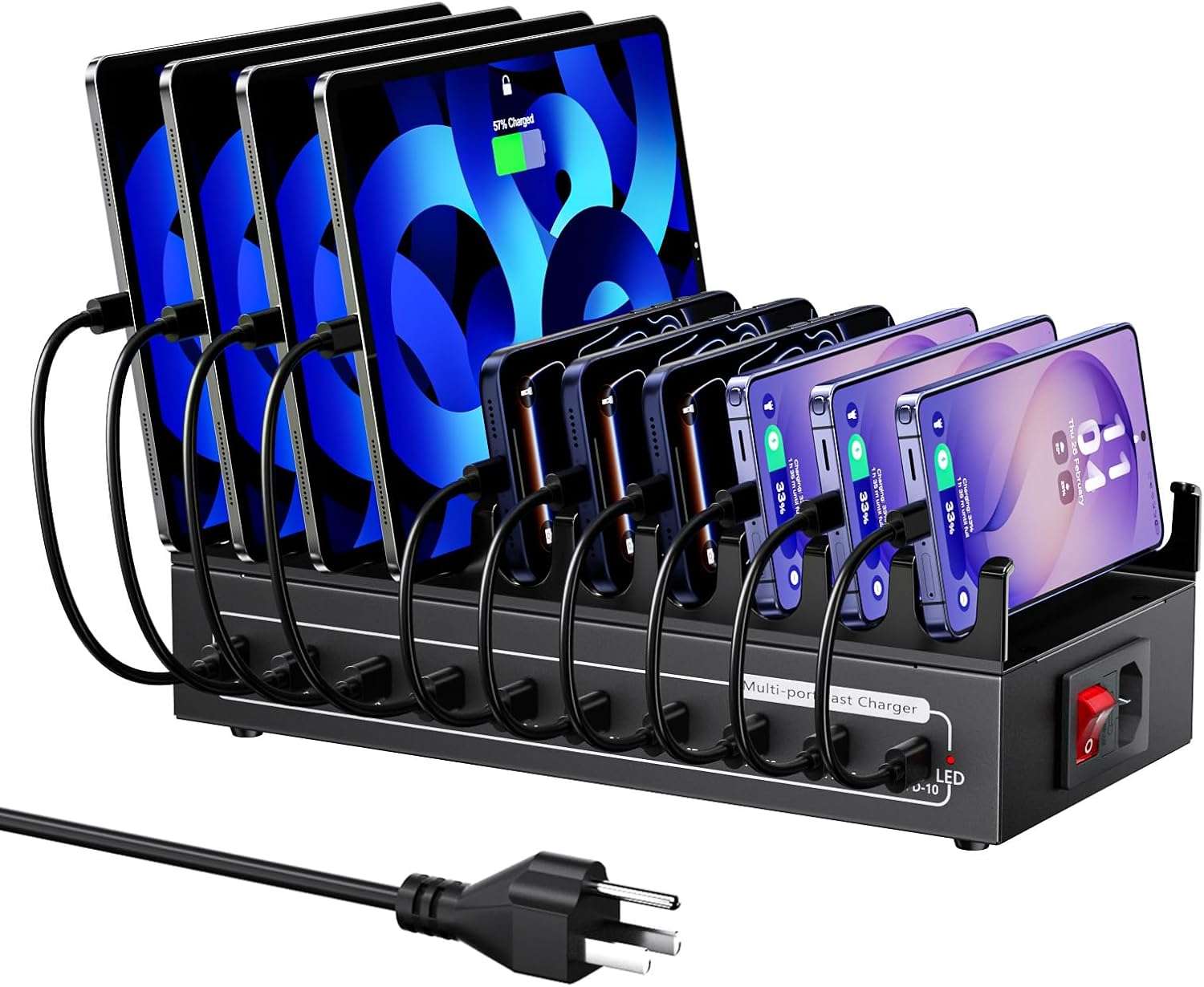 200W Charging Station for Multiple Devices, USB C Fast Charger Station, 10 Ports Desktop Multi-Port Fast Charger with Storage Dividers, Compatible with Cellphone, Kindle, Tablet, iPhone, iPad and More