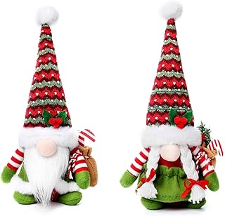 Red Plaid Christmas Plush Gnomes Set of 2, Xmas Stuffed Gnomes Elf Figurines Holiday Tiered Tray Decor