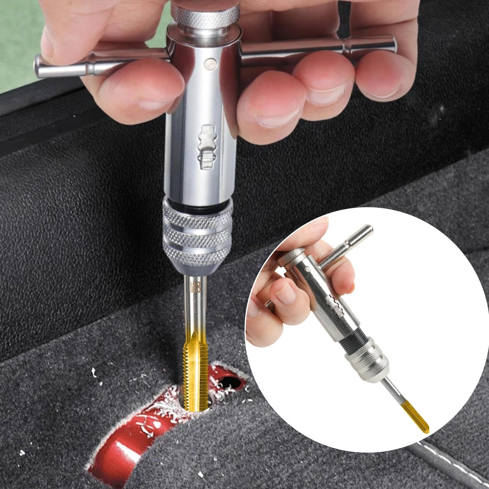 5 Stück Gewindeschneider Set Verstellbarer M3/ M4/ M5/ M6/ M8 + 1 Stück T Griff Windeisen Ratsche, Gewindebohrer, Handgewindebohrer Halterschlüssel, Titan-beschichtet Werkzeughalter