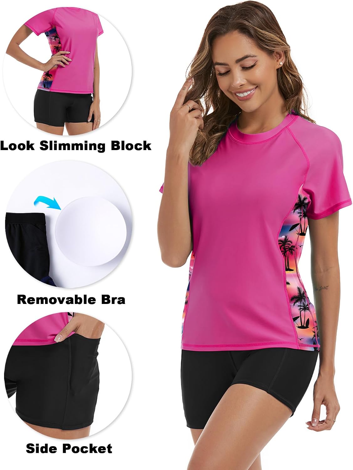Tournesol Women's Rash Guard 2 Piece Short Sleeve Swim Shirt with Shorts Swimsuit with Bra Bathing Suit Plus Size with Pocket