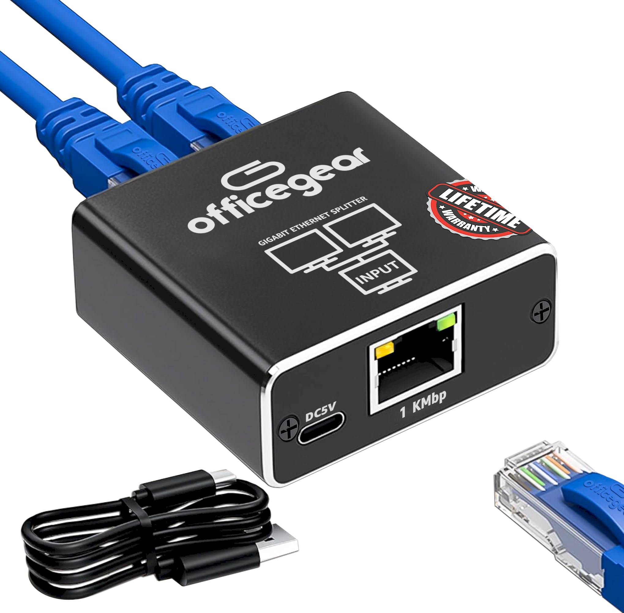 officegear Ethernet Splitter: 1 to 2 High Speed 1000Mbps, Gigabit LAN with USB-C Power Cable, RJ45 Splitter for Cat5/5e/6/7/8 Cable – Simultaneous Networking for 2 Devices -Lifetime Operation