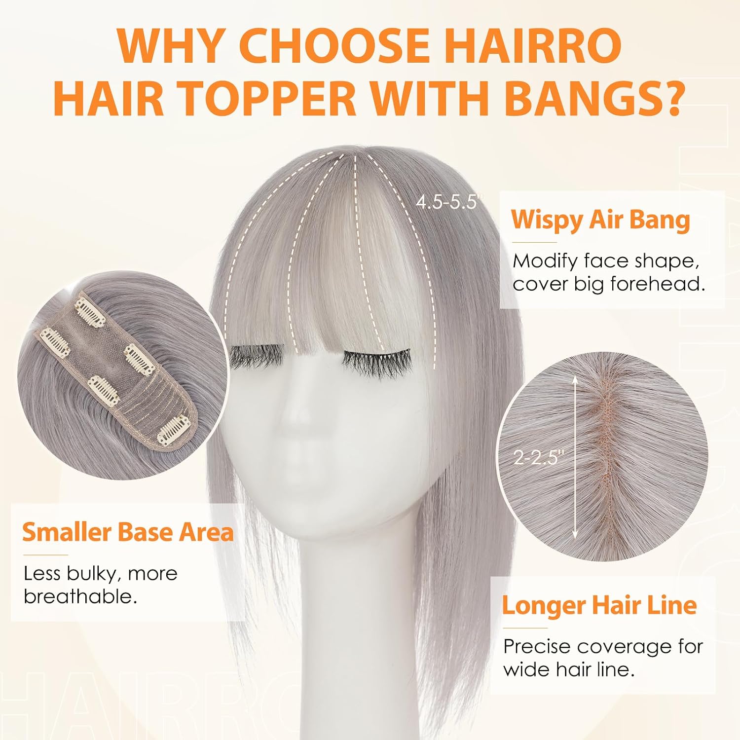 Hairro Human Hair Toppers For Women Wispy Air Bangs 3D Cover Remy Top Hair Pieces Clip On Wiglet Hair Extensions Handmade Grey Toupee Hairpiece 14 Inch 43g #G1 Silver Grey
