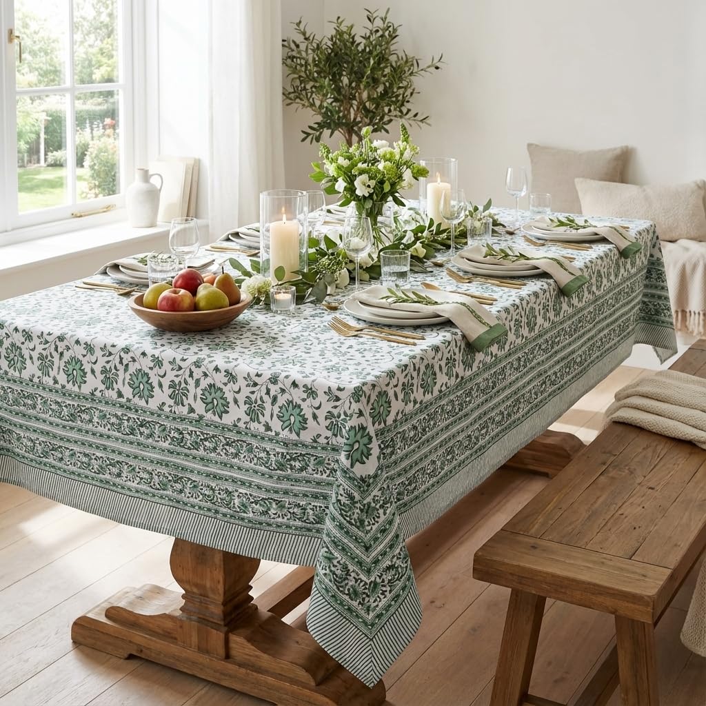 NIRVELLA Handcrafted Hand Block Print Tablecloth 8 Seater Rectangle 60x108 Inch - Floral Canvas Cotton - Fall & Holiday Dinner Collection - Washable