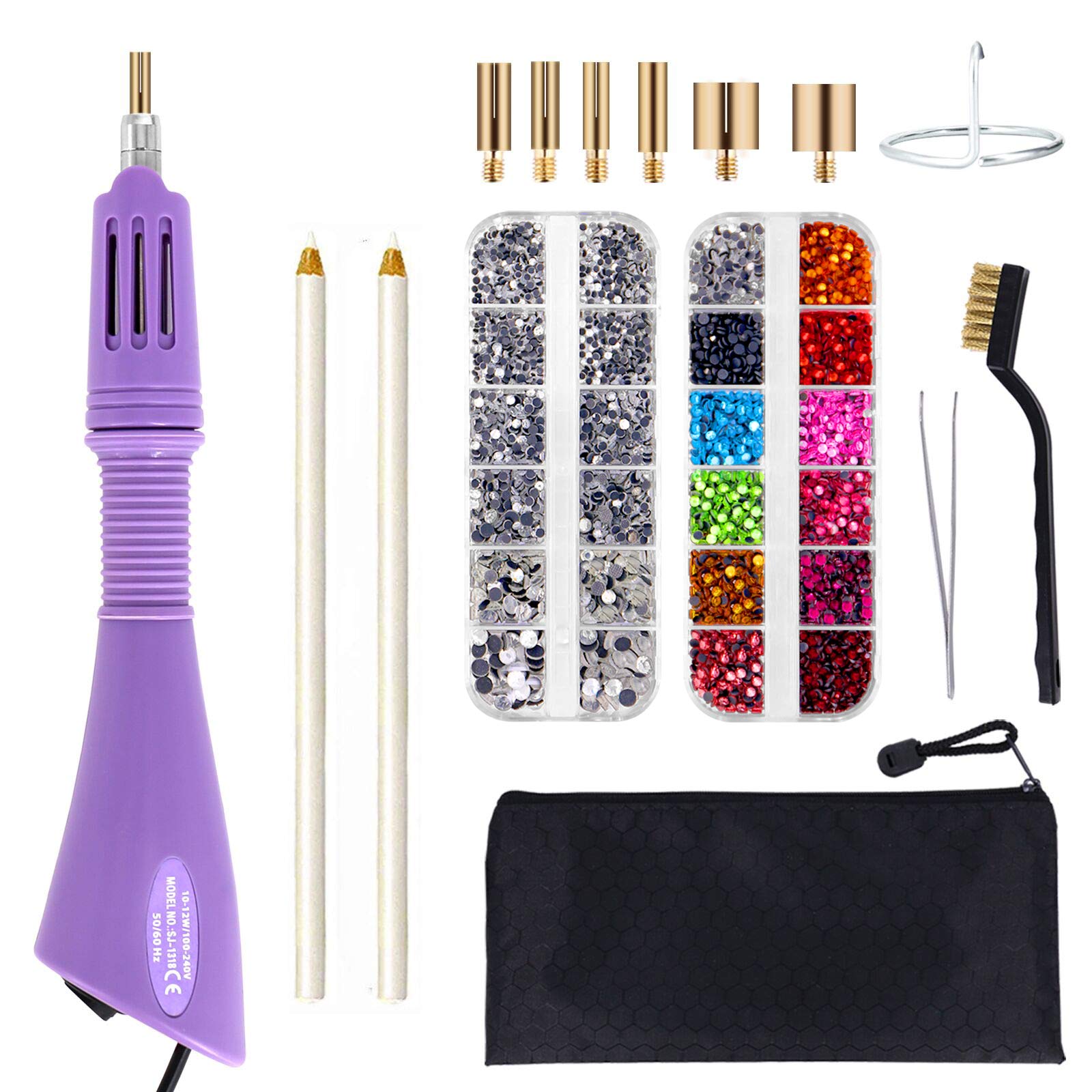 GGLTECK Hotfix Applicator, DIY Hot Fix Rhinestone Applicator Wand Setter Tool Kit with 7 Different Sizes Tips, Tweezers & Brush Cleaning kit and 2 Pack Hot-Fix Crystal Rhinestones