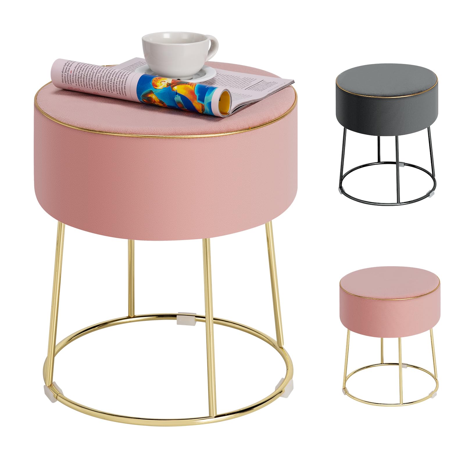 HOMASIS Sgabello per Toeletta Trucco, Sgabello Trucco, Pouf Velluto, Poggiapiedi da Divano, Gambe Dorate in Metallo, Sedia Moderna, 34 x 46 cm (D x A) (Rosa, M2)