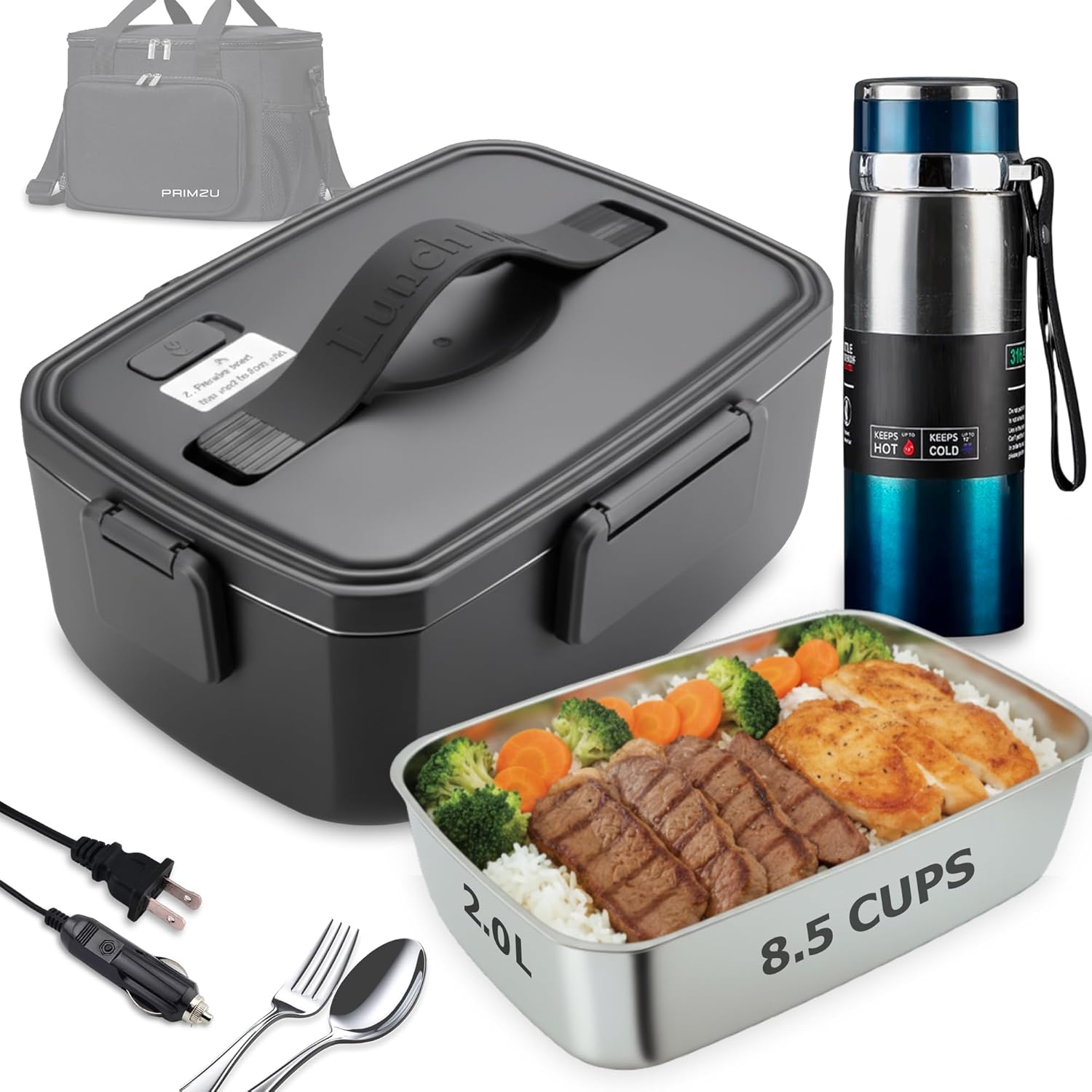 Electric Lunch Box Combo Set for Adults – Portable Food Warmer for Work, Heated Lunch Box for Office & Car Travel, Reheatable Meal Heater with Insulated Water Bottle, Personal Food Heating Container