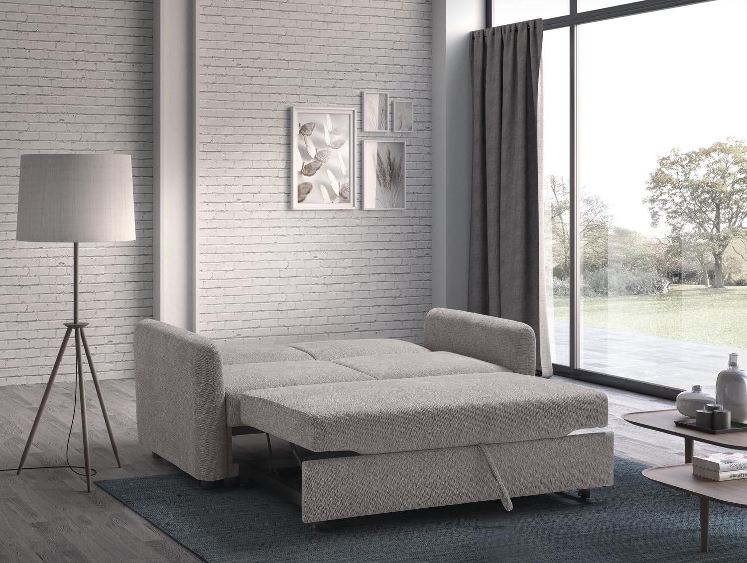 EVERGREENWEB - Divano Letto 2 Posti Matrimoniale L165xP90xA80 cm Moderno Tessuto Beige, Schienale Reclinabile a Doppio Cuscino, Sofà con Chaise Longue Estraibile, Struttura Imbottita Pieghevole, NELLY