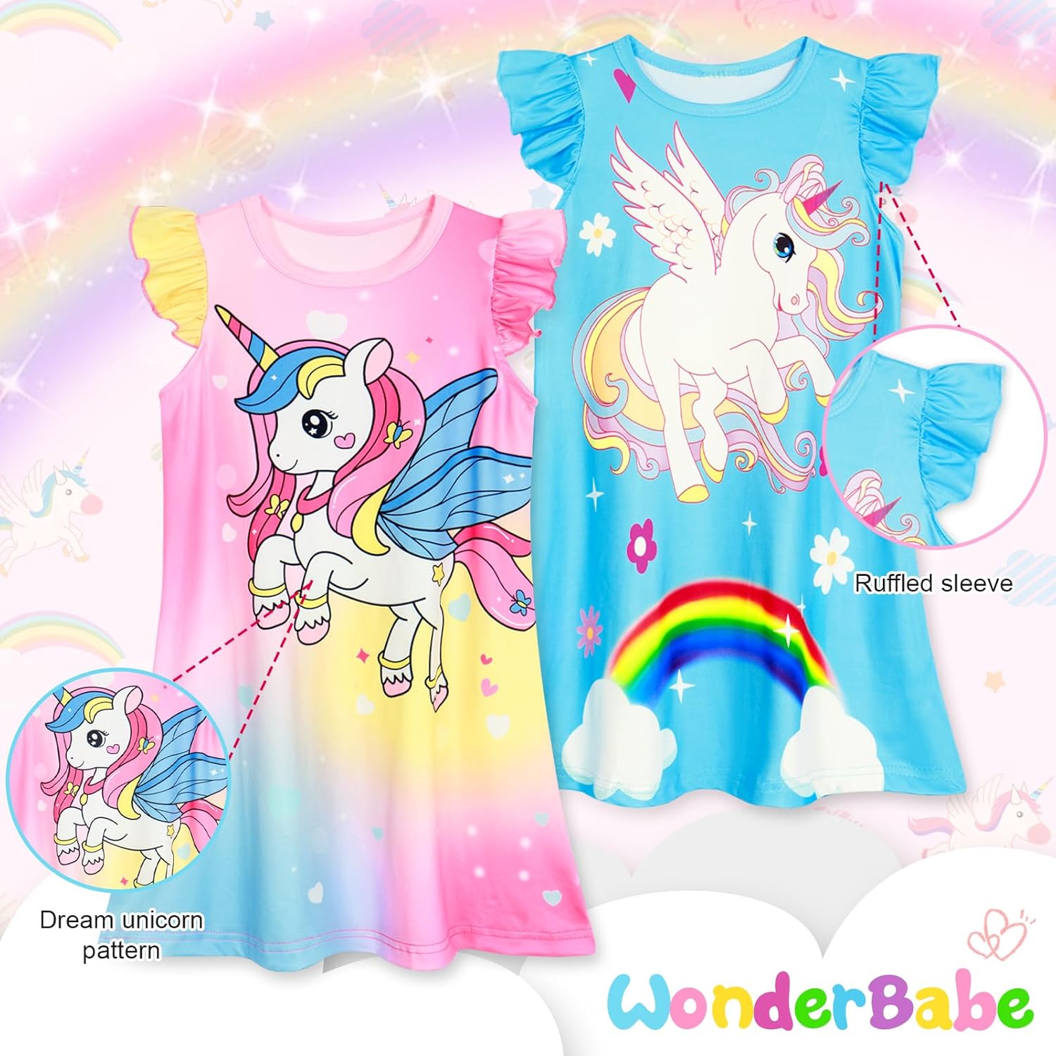 WonderBabe 2Pcs Girls Nightgowns Unicorn Pajamas Toddler Nightgown Sleepwear Flutter Short Sleeves Night Gowns for Kids - Image 3
