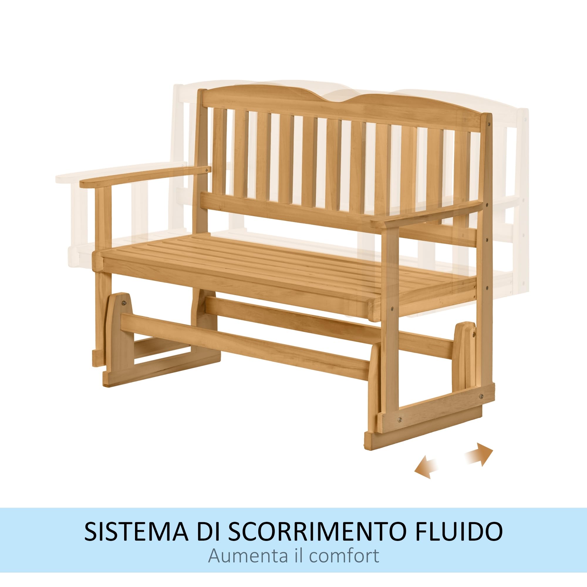 Outsunny Panchina da Giardino a Dondolo da 2 Posti con Braccioli, Panchina da Esterno in Legno di Abete, 132x51x95.5cm, Colore Legno
