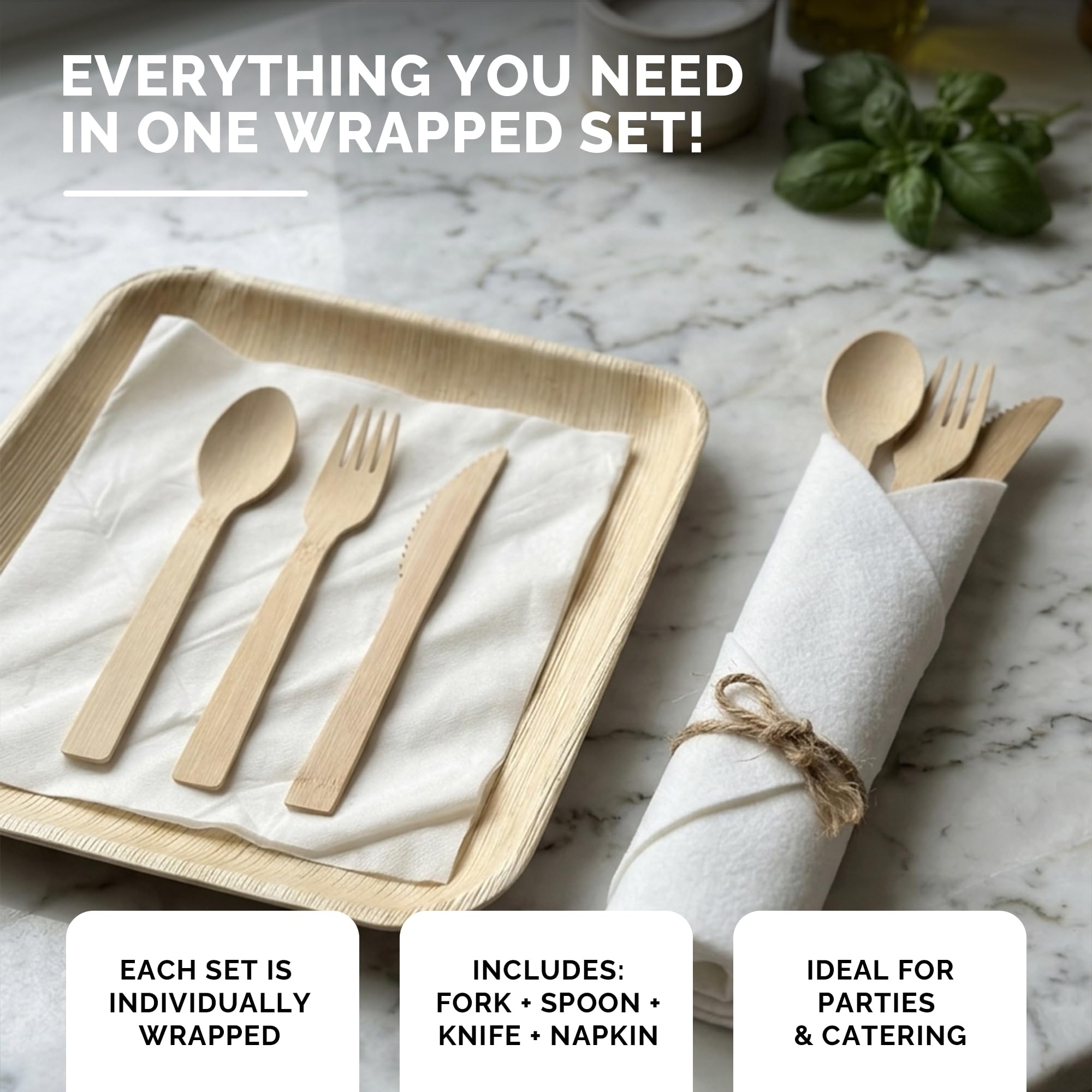Juego de cubiertos de bambú preenrollados de alta calidad con servilleta, paquete de 50 utensilios biodegradables, tenedores, cuchillos, cucharas para fiestas, bodas, eventos y barbacoas (natural)