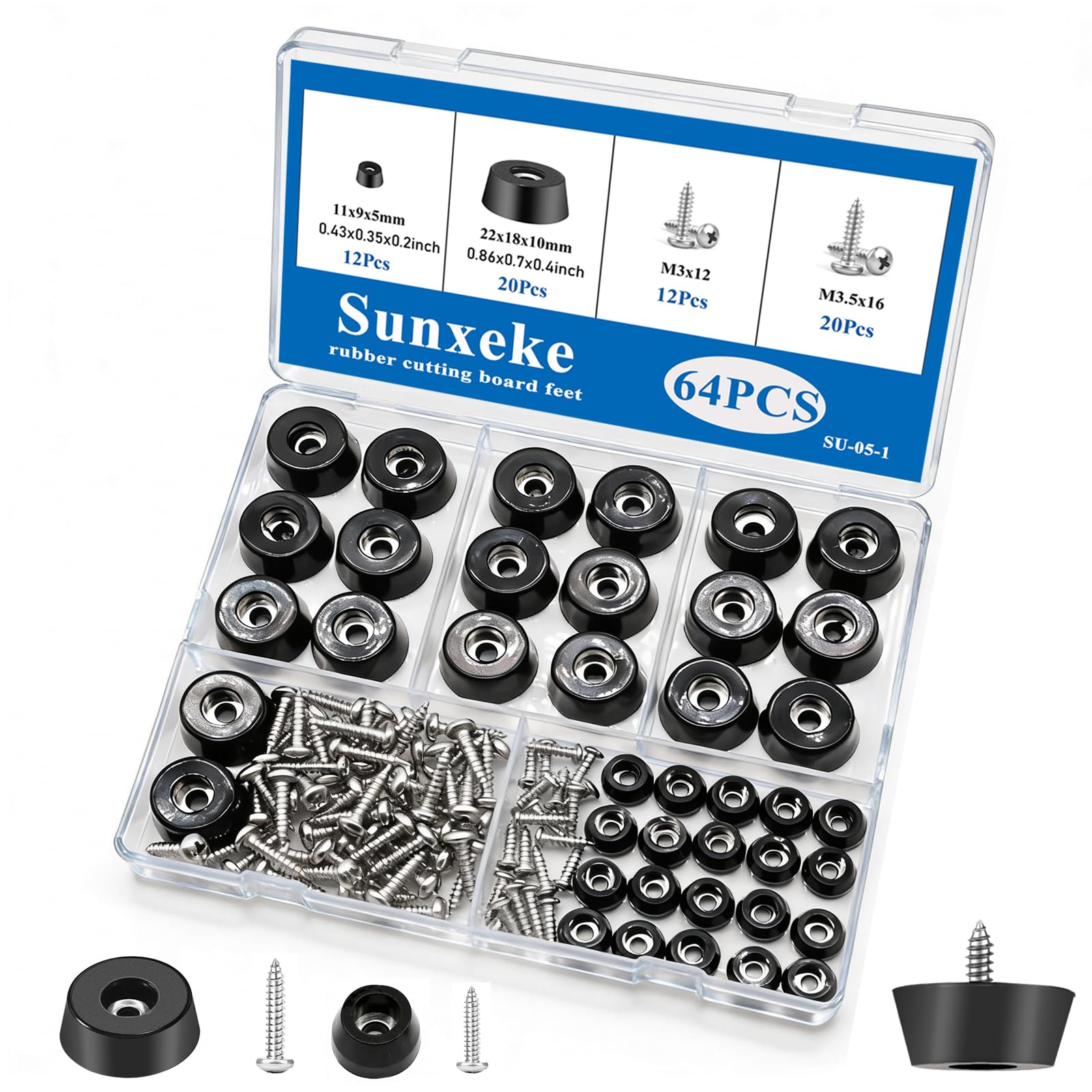 64Pcs Rubber Feet for Cutting Board with Stainless Washer Screws Assortment Kit,2 Sizes (0.433inch , 0.813inch),Non Slip Rubber Bumper Feet for Furniture,Cabinets,Electronics(13/16"W x 3/8"H)
