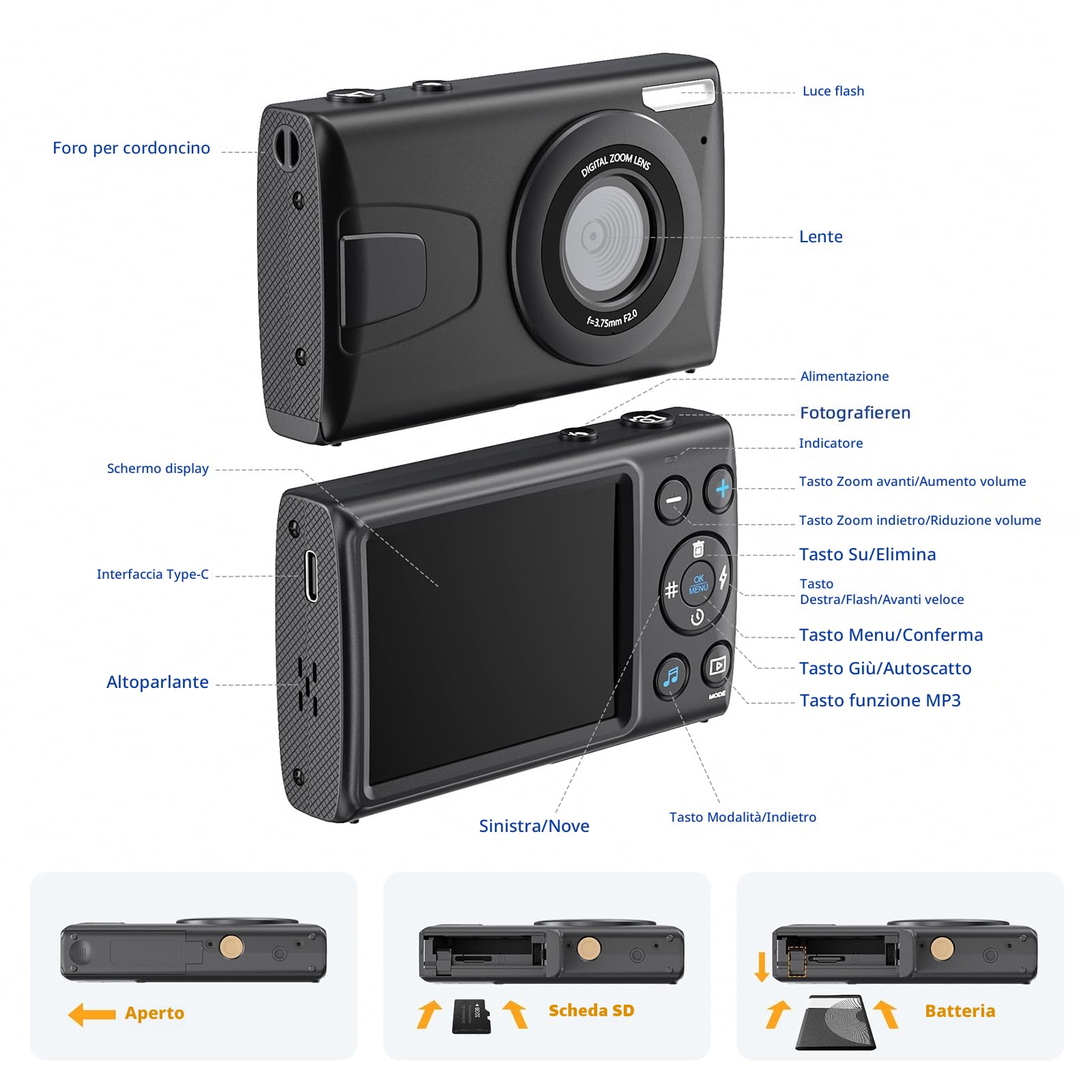CCN Fotocamera digitale, 64MP 1080P FHD Fotocamera con schermo da 3,0", 18X Zoom Digitale Macchina fotografica compatta portatile con 32GB TF Card, Cavo USB, per adolescenti bambini adulti, Nero