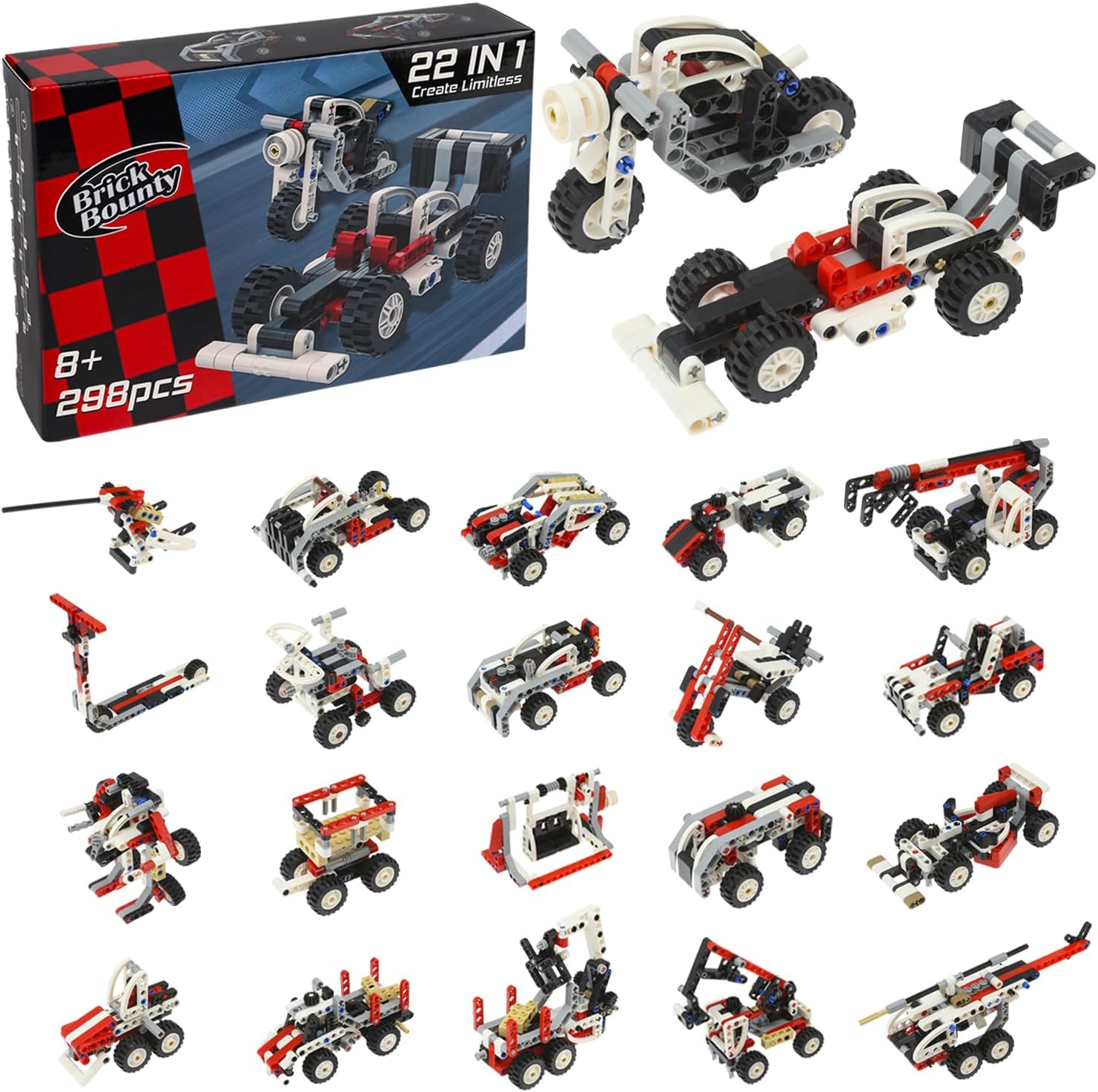 Building Block Car Toy Set, Bricks Transforms Form Racing-Car to Motorcycle to Scooter to Robot to Helicopter, 2 Sets Bricks Included 22 variants (298 Pcs)