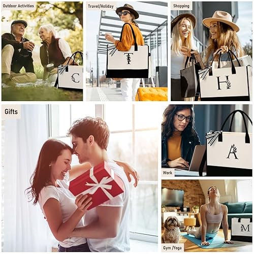 Miniatura 7 de Bolsas de mano con monograma para mujer, bolsa de playa con inicial con lado interior y bolsillo, regalos de dama de honor, regalos para abuela,