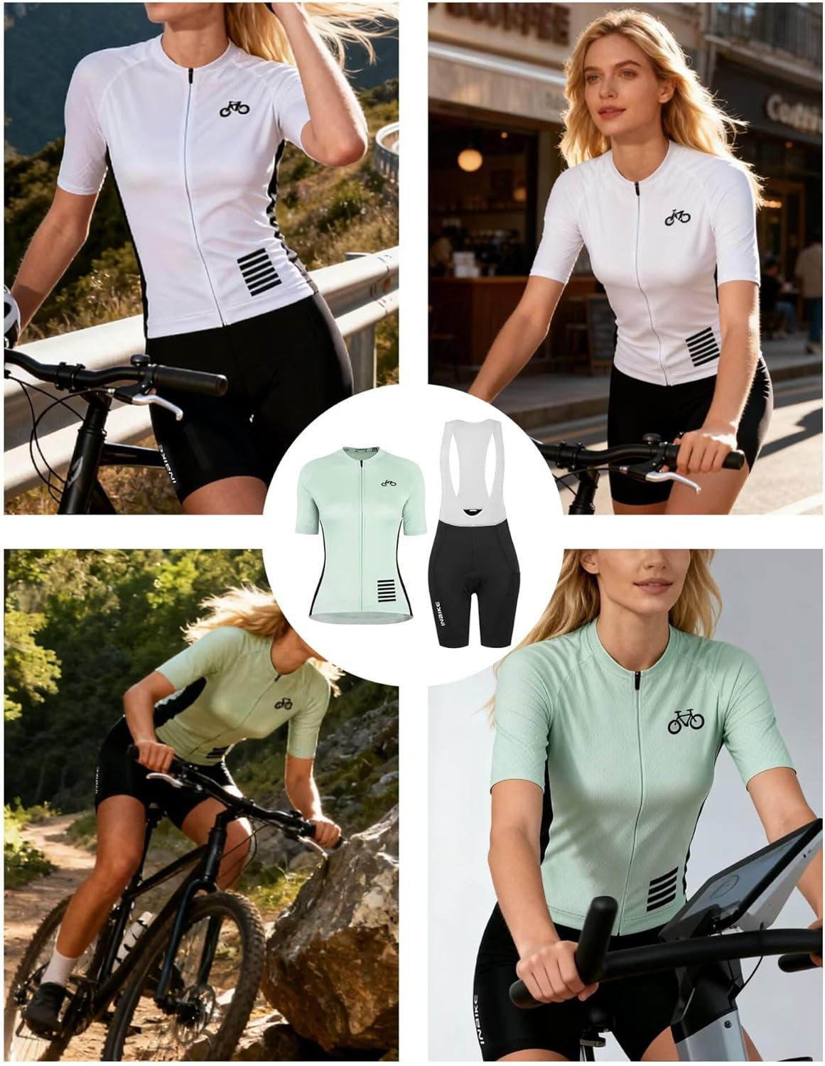 INBIKE Womens Cycling Jersey Sets Road Bike Jersey Breathable Riding Shirts Padded Bib Shorts with Pocket
