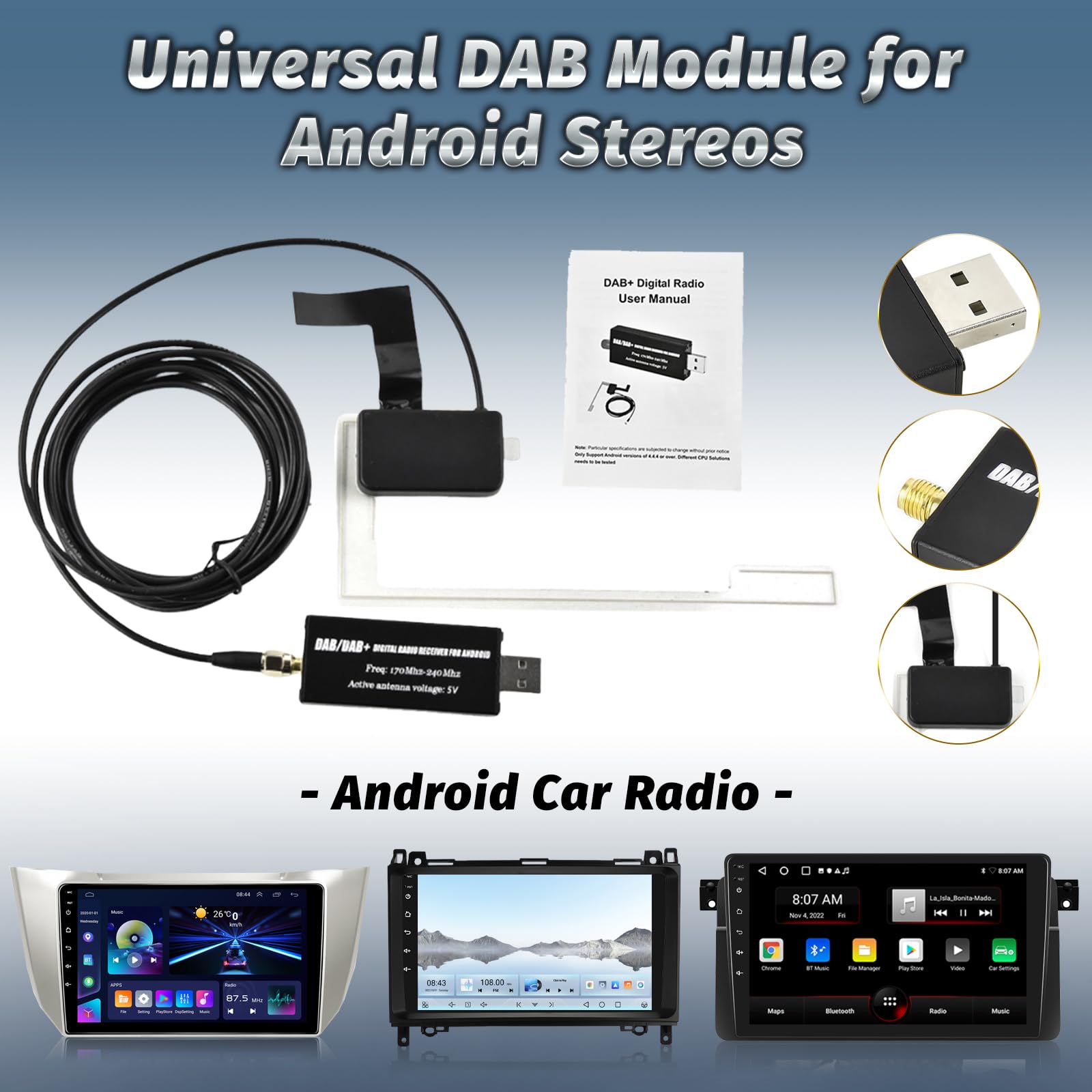 DAB Adattatore per Autoradio Android, Ricevitore Digitale DAB+ USB con Antenna Universale, Tuner Box con App, Facile Installazione Plug and Play