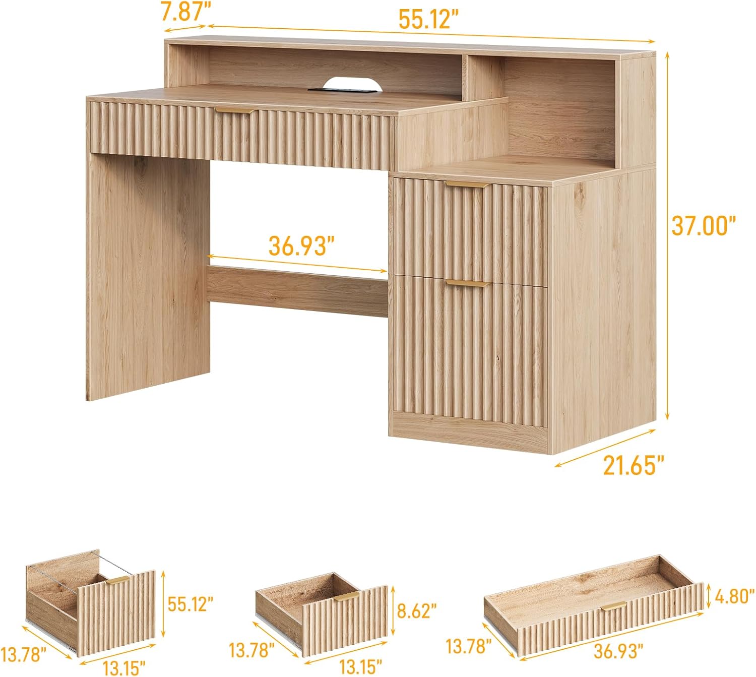 Vabches Fluted Computer Desk with Drawers, Home Office Desk with Power Outlets, Printer Stand and Storage Cabinet, Study Writing Desks with Long Monitor Stand, Oak