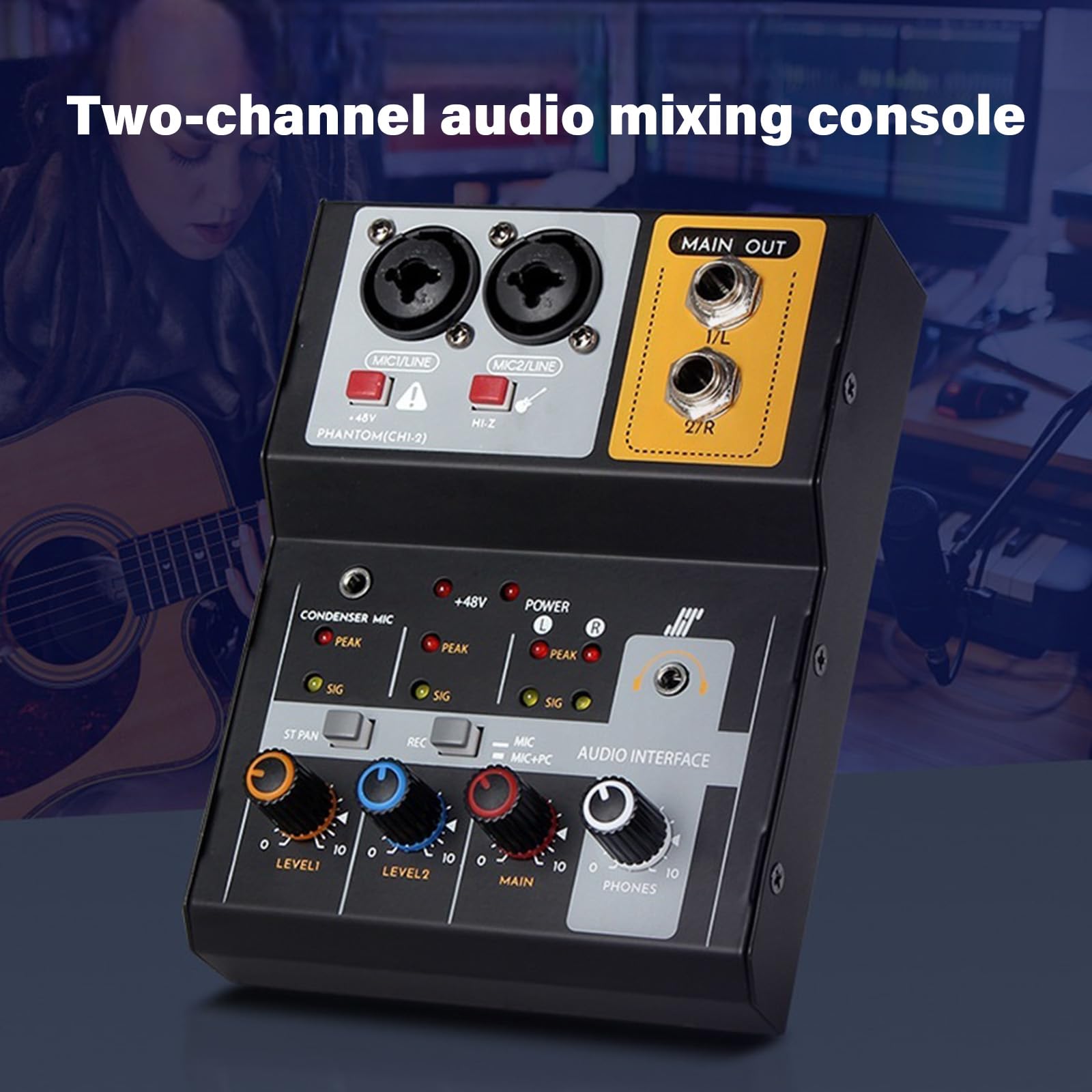 Mezclador de estudio de 2 canales, placa de sonido, mezclador auditivo USB con sonido Hifi 32 bits/384 kHz resolución para audio USB