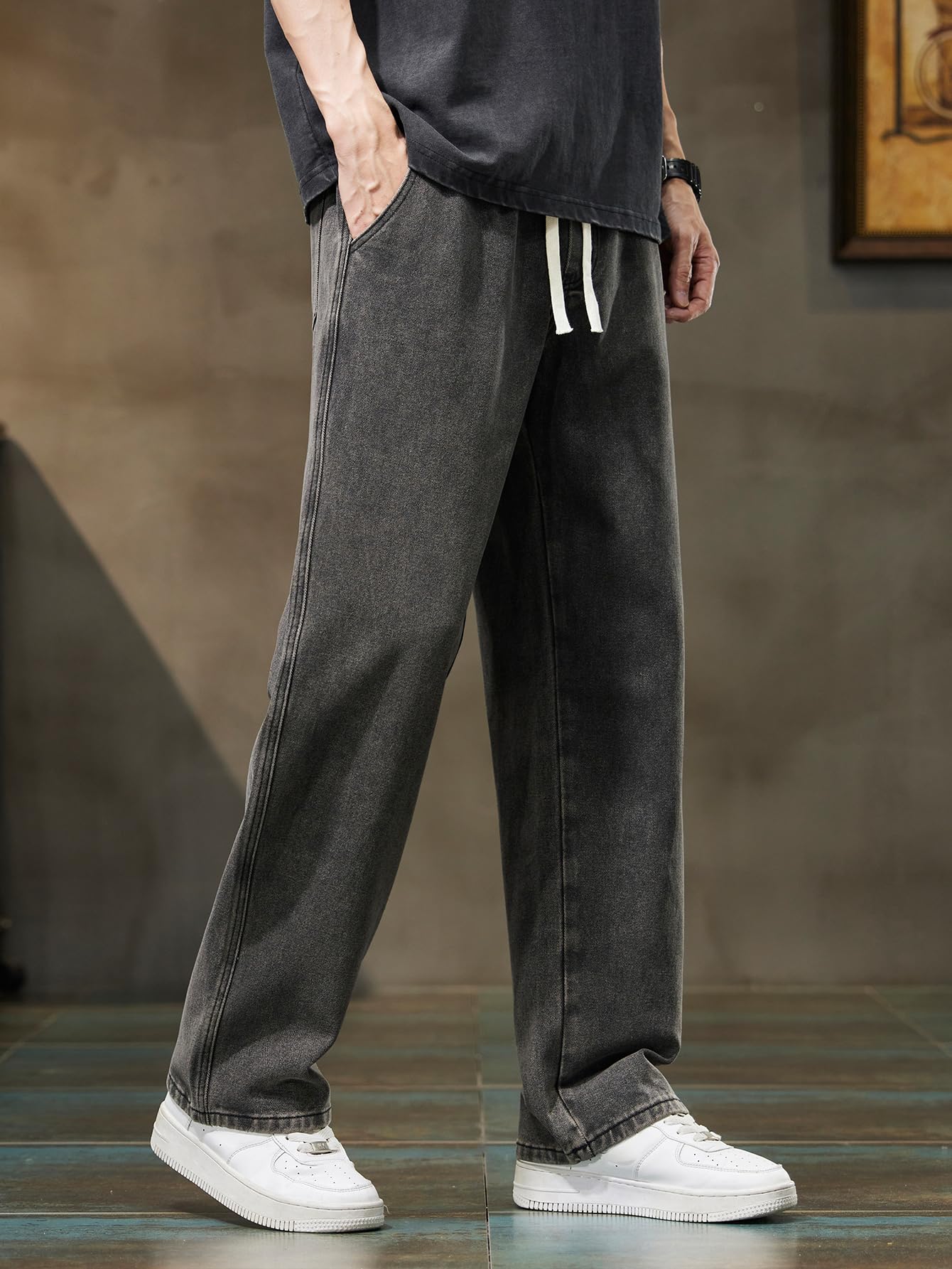 Pantalones vaqueros para hombre con cintura elástica y cordón, piernas holgadas rectas, denim ligero extremadamente suelto