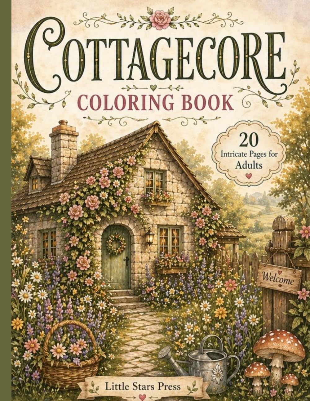Cottagecore Coloring Book for Adults: 20 Intricate Coloring Pages of Cozy Cottages, Mushrooms, Wildflowers and Rustic Scenes for Stress Relief and Relaxation