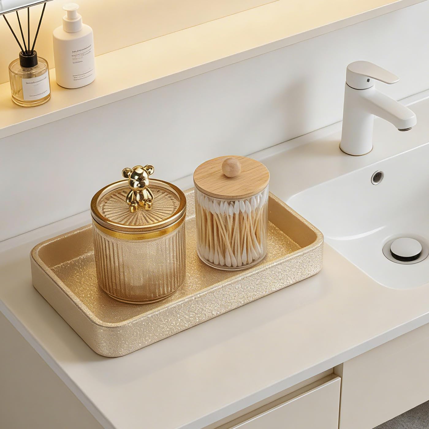 GORESE Badezimmer Tablett,Deko Tablett PU Leder Oval Badezimmer Deko Schlüsselschale,Sofatablett Dekoschale Tabletttisch Schmuckablage Dekoteller Ablageschale für Badezimmer,Schlafzimmer(Gold)