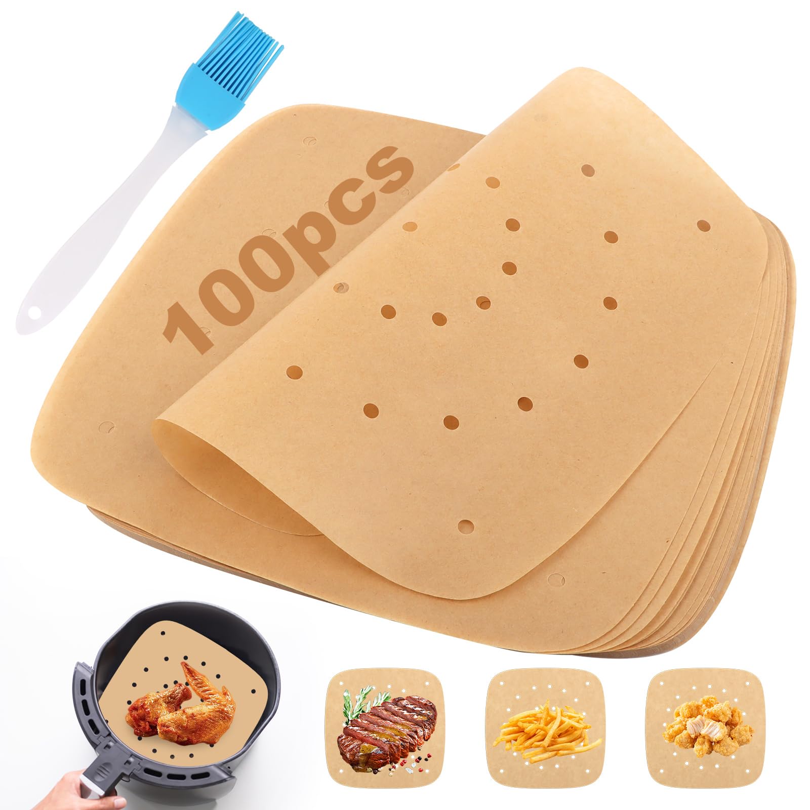 Papel Freidora Aire, 100 Piezas, 23 * 23 cm, Papel de Pergamino Perforado y Sin BPA Papel para Freidora de Aire, Papel Air Fryer Cuadrado para Freidoras de Aire, Microondas y Vaporeras
