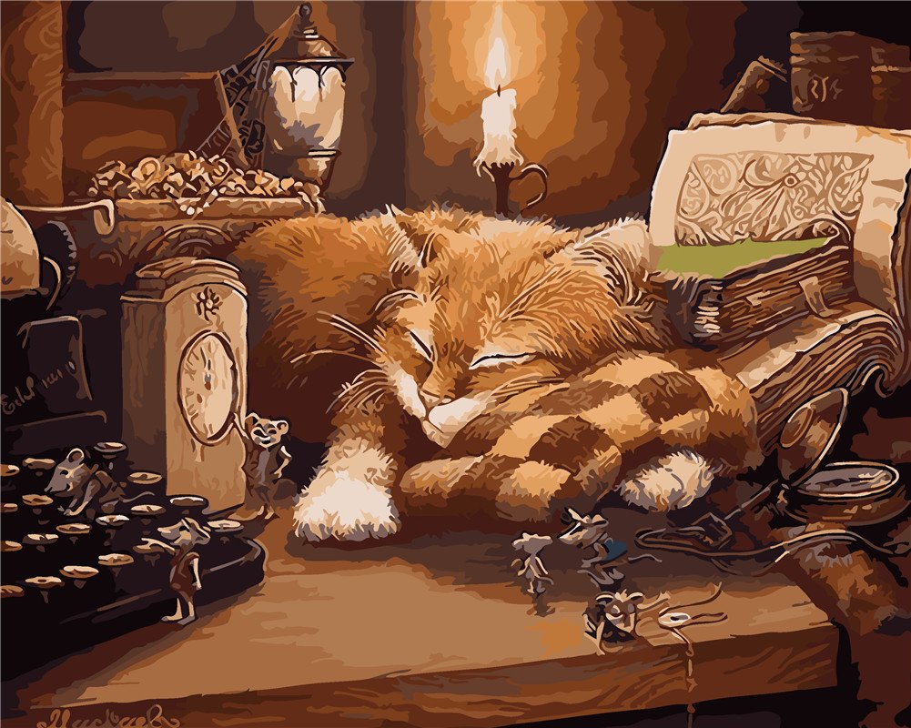 YEESAM ART Pittura Con I Numeri Per Adulti E Bambini | Quadro Gatto E Topo Con Libro | Tela 50x40 Cm Senza Cornice - 3