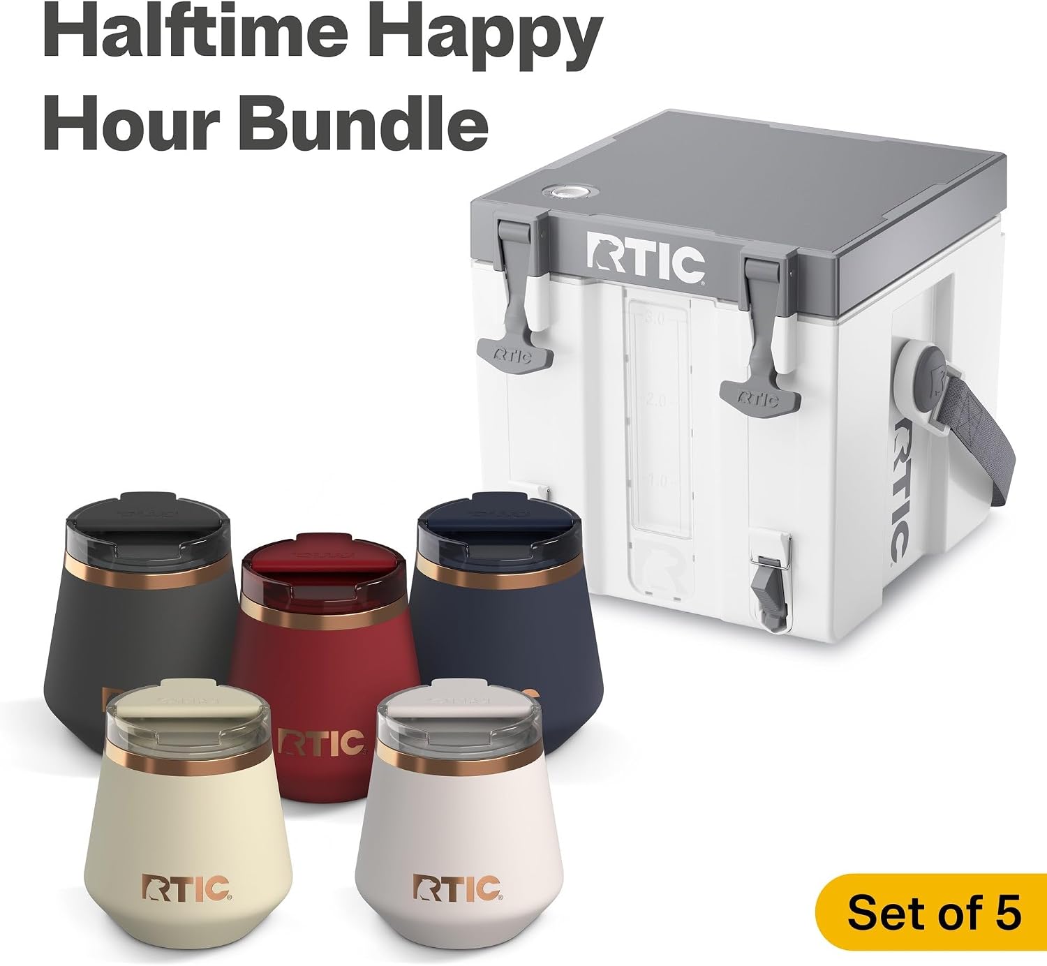 RTIC 3 Gallon Halftime Cooler and 8oz Lowball Tumbler Set of 5 Bundle, Portable Drink Beverage Water Container Dispenser with Spout and Travel Cups for Camping, BBQ, Parties, White
