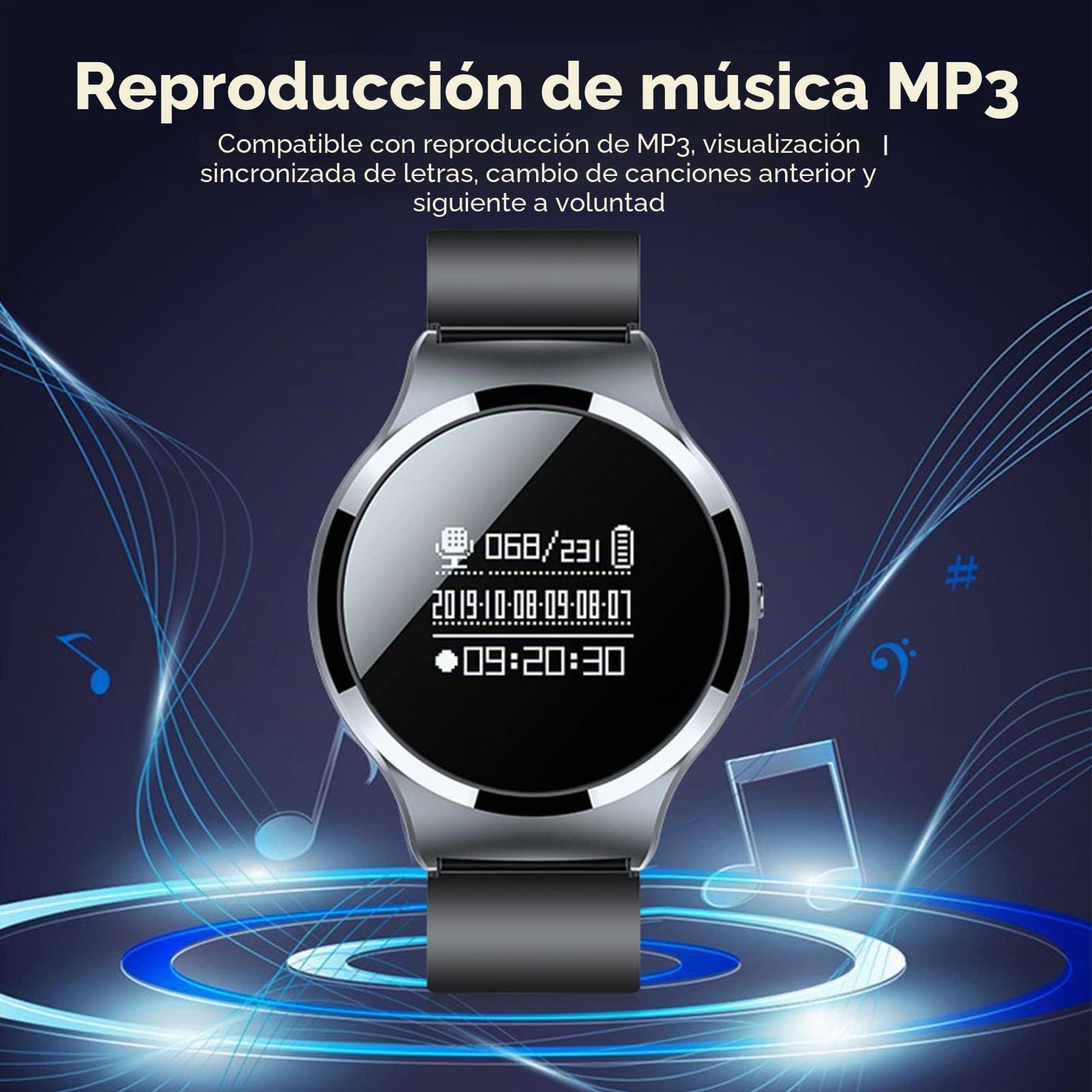 Grabadora de Voz de Reloj Inteligente, Dispositivo de Grabación de Pulsera de Voz de Audio con Reproductor de MP3, Contraseña, Reducción de Ruido HD Grabadora de Voz Digital (8 GB)