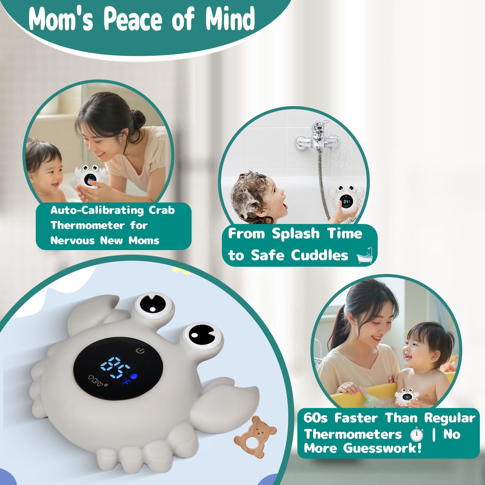 TKY Baby Badethermometer mit schwimmendem Spielzeug & Raumtemperaturmonitor - Wiederaufladbares digitales Thermometer mit Temperaturalarmen, Badezubehör für Neugeborene, Säuglinge (Advanced Grey)