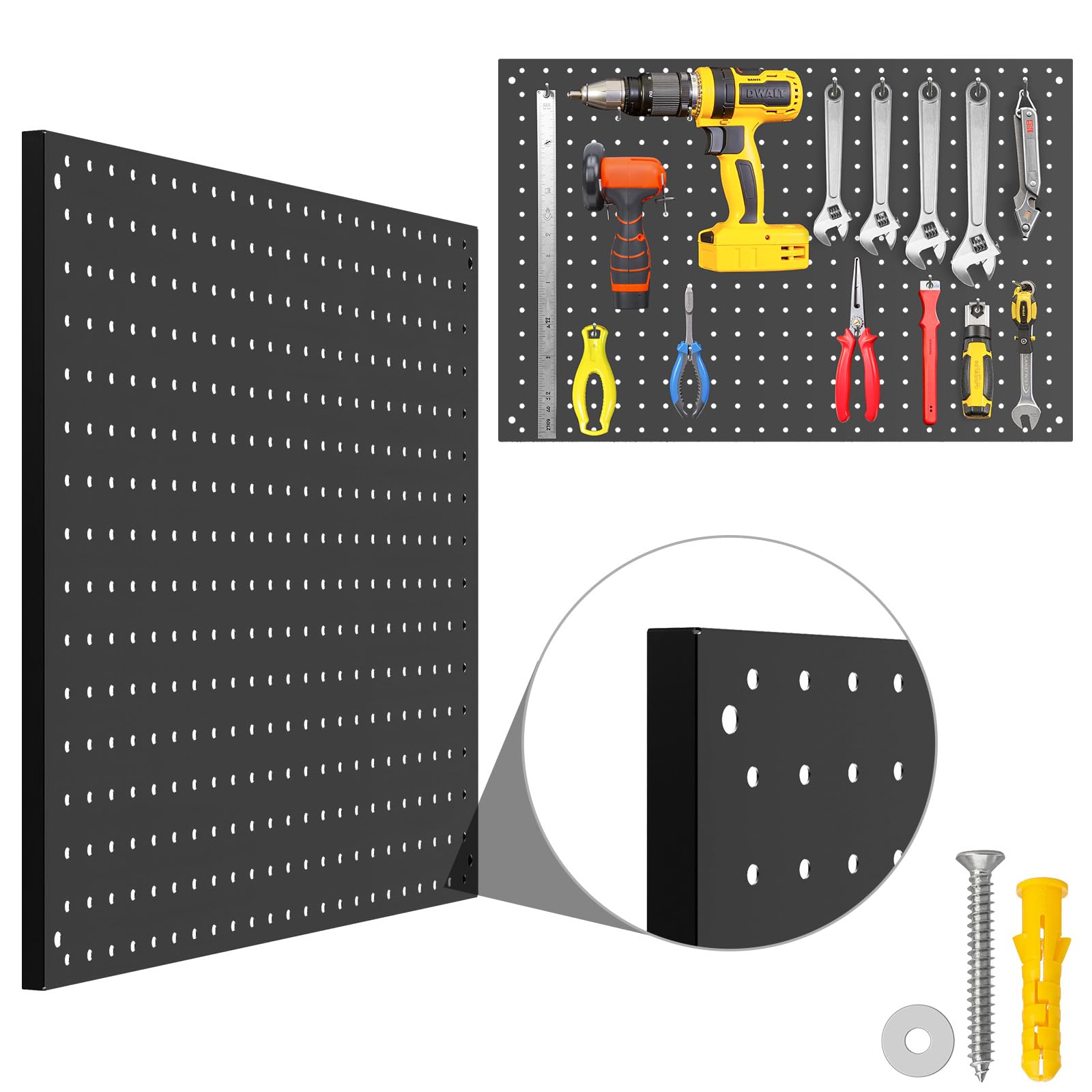 MUWOOD Peg Board, 2 Pack Metal Pegboard Panels Black Pegboards Wall Organizer with Frame Large Heavy Duty Peg Board with Hooks for Walls Home,Garage Tool Storage,Office Organization,Kitchen 24”×16”