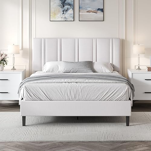 Miniatura 18 de Base de cama de tamaño matrimonial con cabecera ajustable, plataforma tapizada de tela de lino con listones de madera, no requiere somier, fácil