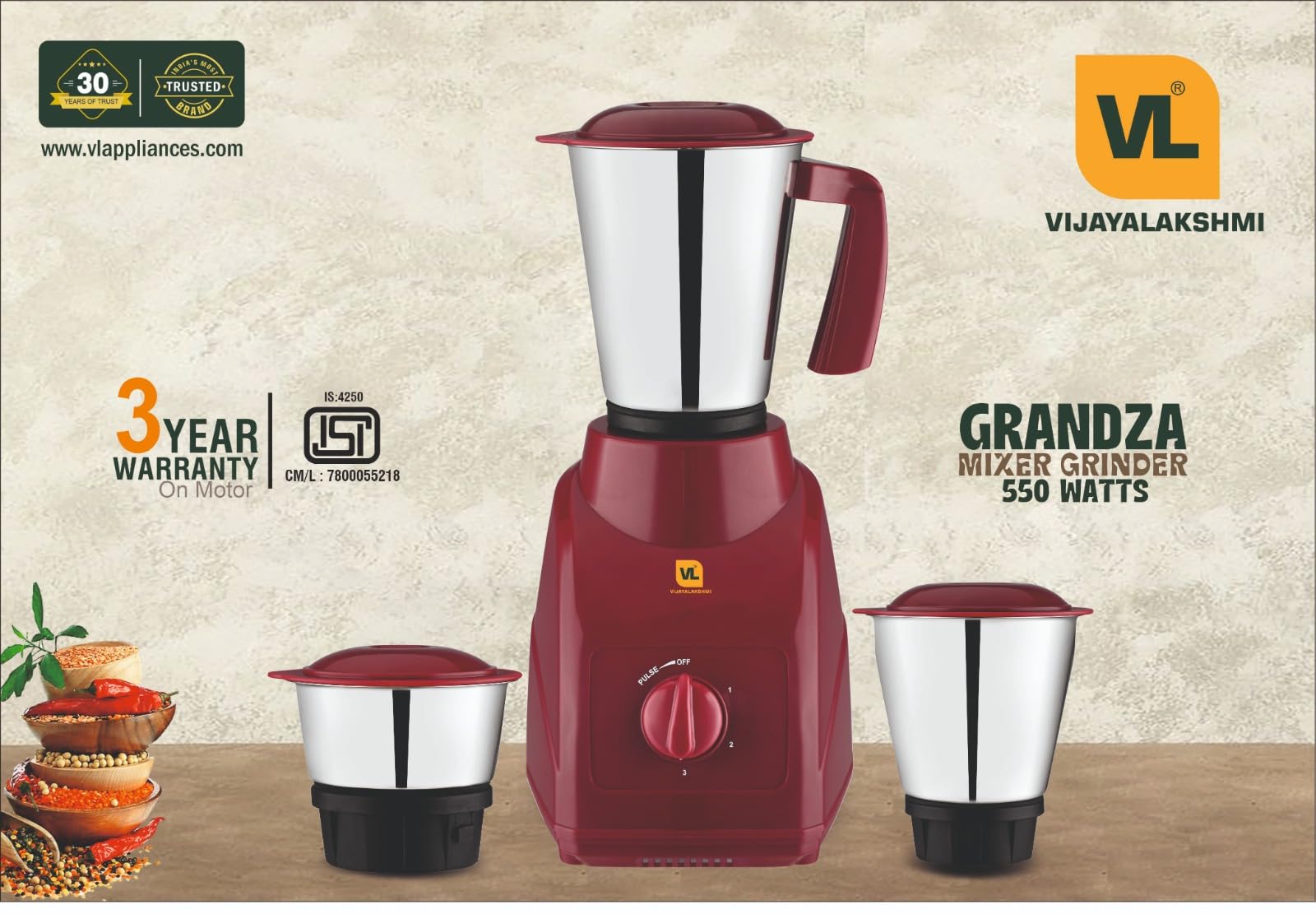 Buy Vijayalakshmi Grandza Mixer Grinder 550W | 3 Stainless Steel