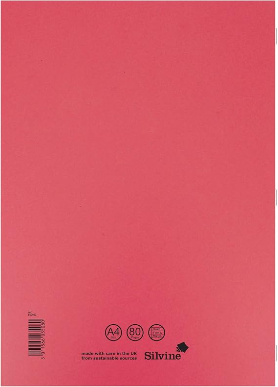 Silvine A4 Red Exercise Book, Lined With Margin - 80 Pages (Pack of 10)