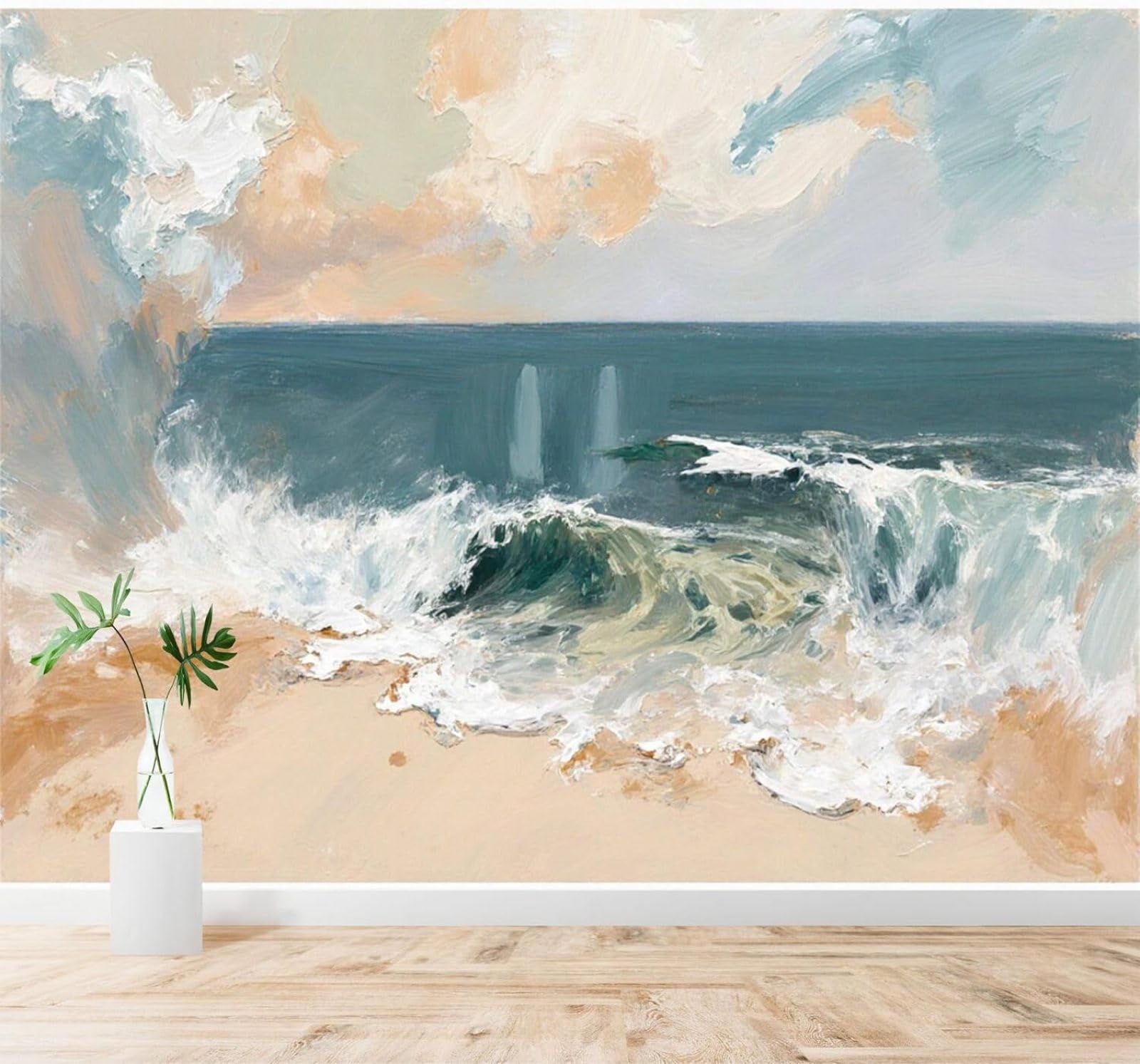 XLMING Waves Cloudy Sky Sandy Beach Seascape Art 3D Wallpaper Silky Texture Home Study Office Grey Dining Room Sofa Bedroom Living Room TV Backdrop-300cm×210cm