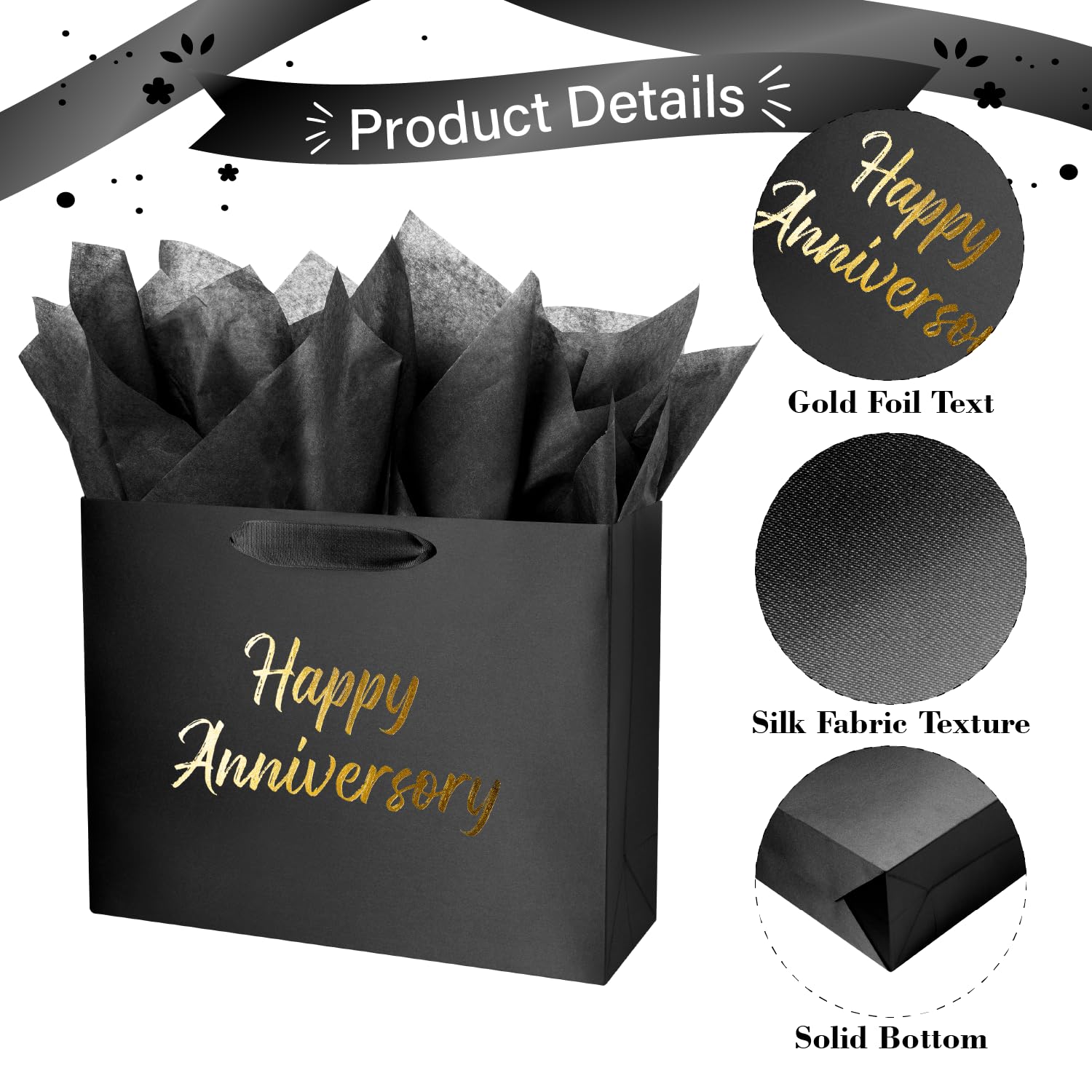 Linelglobal Black Anniversary Bag for Gift with Tissue Paper Silky for Women Men Boutique 13"