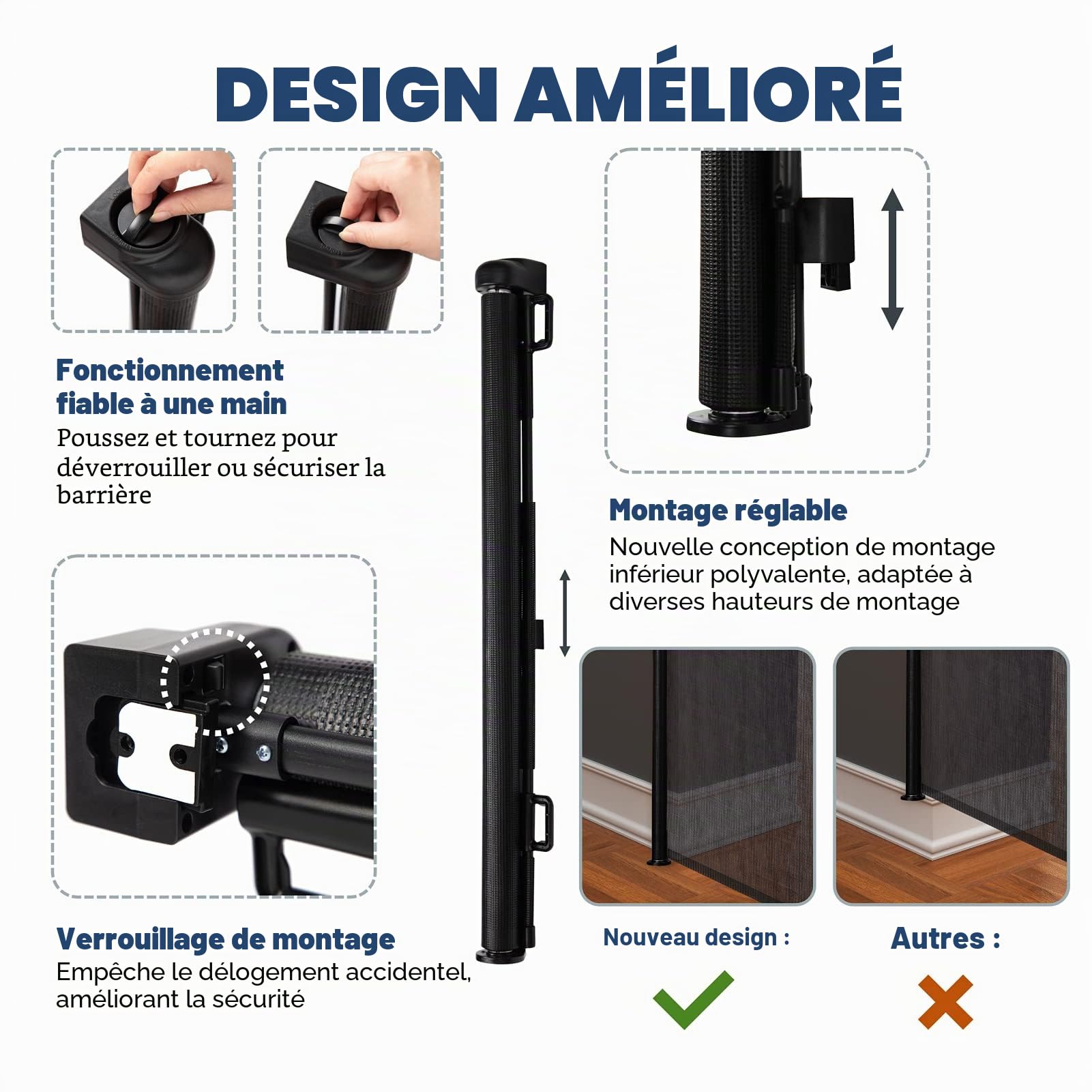 HollyHOME Barrière de Sécurité Rétractable pour Bébé 180 cm Extra Large à Une Main, Barrière D'escalier pour Bébé et Animaux Domestiques, Intérieur et Extérieur, Noir