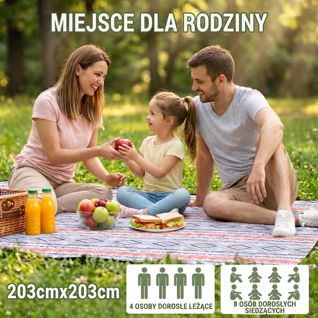 Wolfwise Koc Piknikowy Wodoodporny, Duży Mata Plażowa 200x200 cm, Składany Picnic Blanket z Regulowanymi Paskami i Paskiem na Ramię, Koc Izolowany do Ogrodu, Trawy, Podróży i Wędrówek, Niebieski