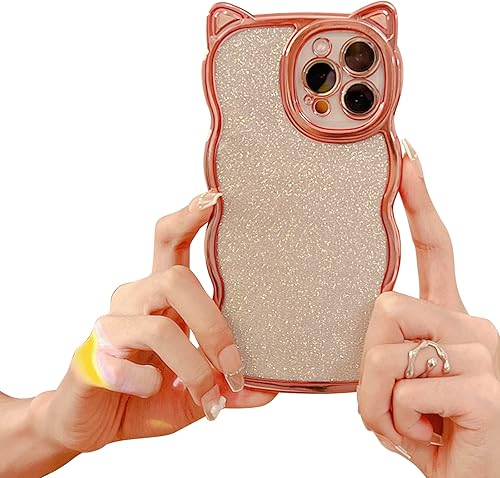 Cutecasee Funda compatible con iPhone 13 Pro Max para mujeres y niñas, diseño de orejas de gato de lujo, chapado en purpurina en la parte posterior,