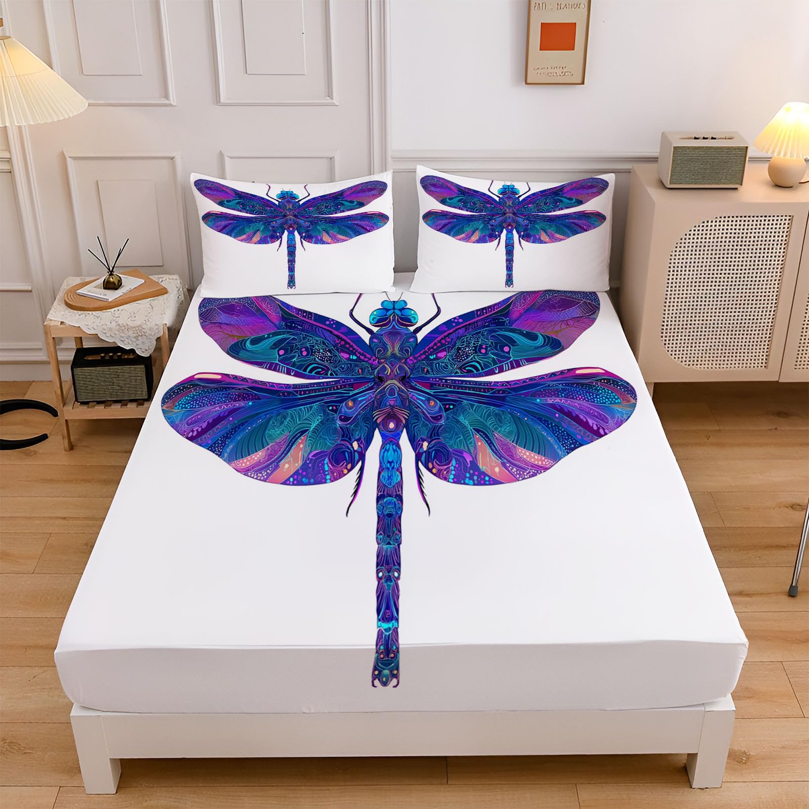 Sábanas 200X190/200Cm - Juego De Sábanas 3 Piezas Estampadas Libélula Mandrágora - Microfibra Suave Transpirable - Sábana Bajera Ajustable - Ropa De Cama Animales Psicodélicos (Azul Real)