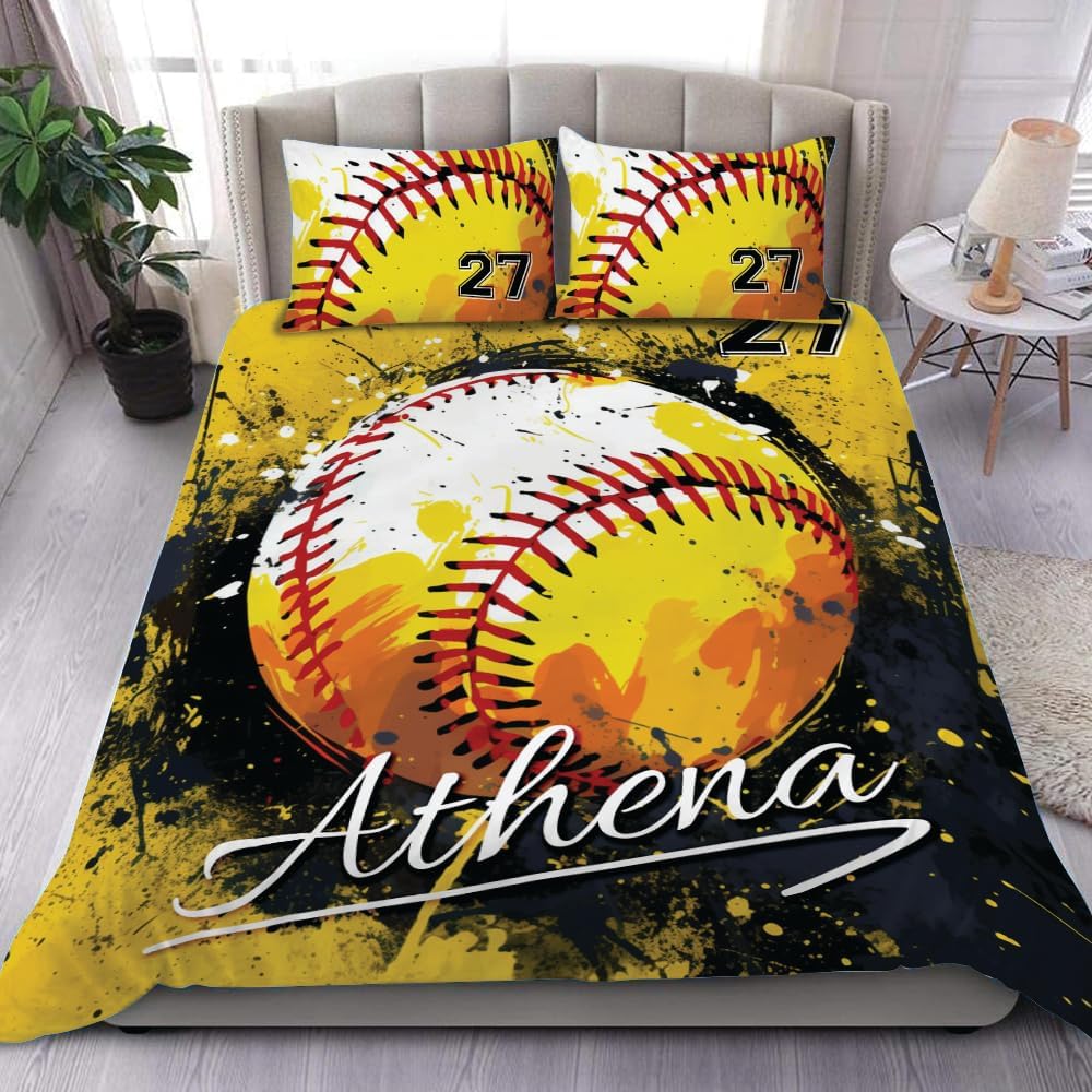 Softball Bedding Set Twin Size, Sports Quilt Softball Gifts Bedding Comforter Sets Softball Decor for Boys Bedroom Softball 3 Pcs Bedding Comforter Sets (Softball 10)