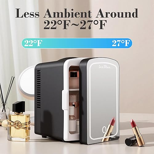 Miniatura 3 de Iceblue Mini nevera, refrigerador para el cuidado de la piel con espejo de luz LED regulable, 4 litros/6 latas, refrigerador compacto de maquillaje