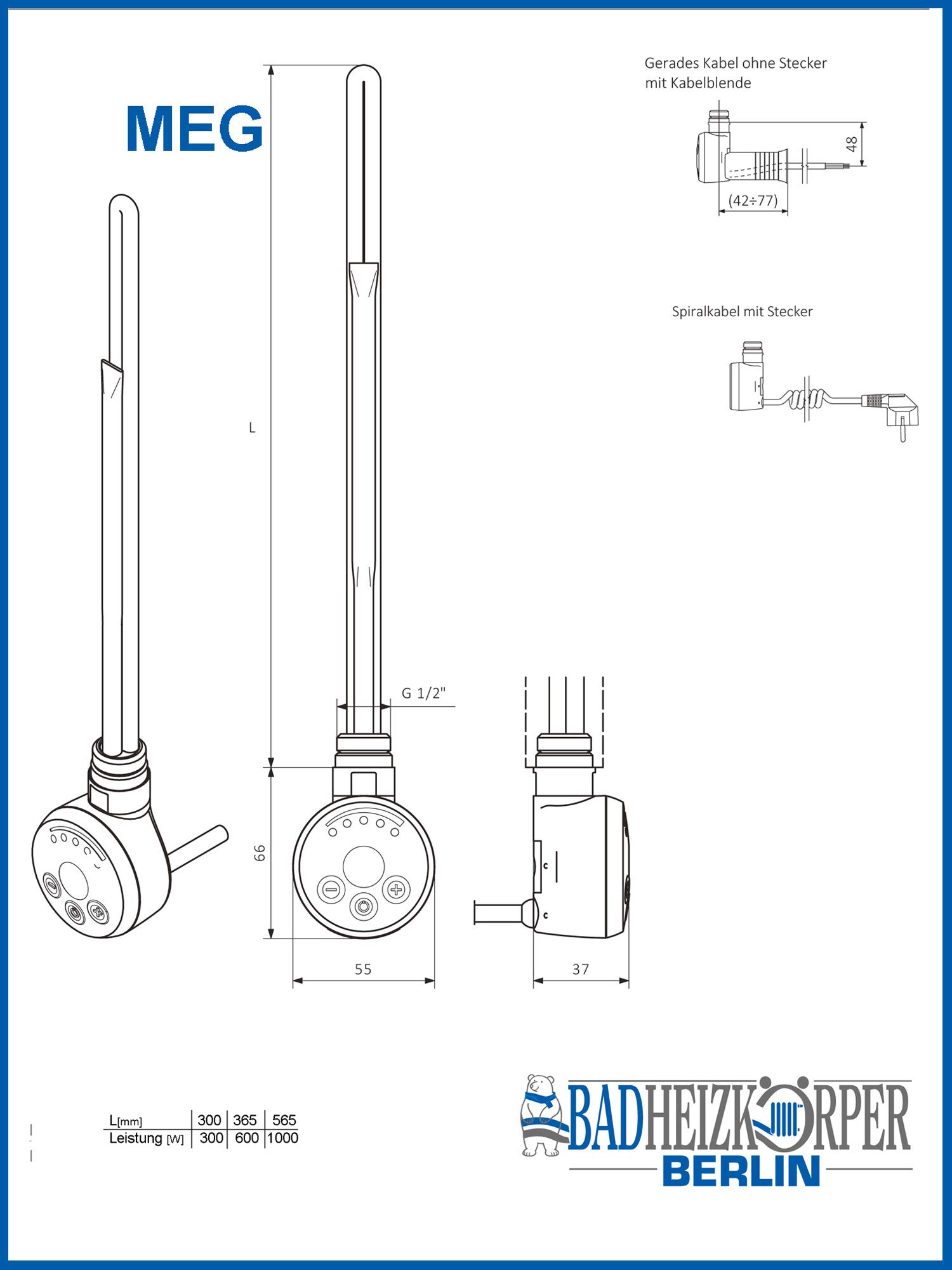 Termostat grzałka, wkład grzejny, element grzejny model MEG 1000 W (biały)