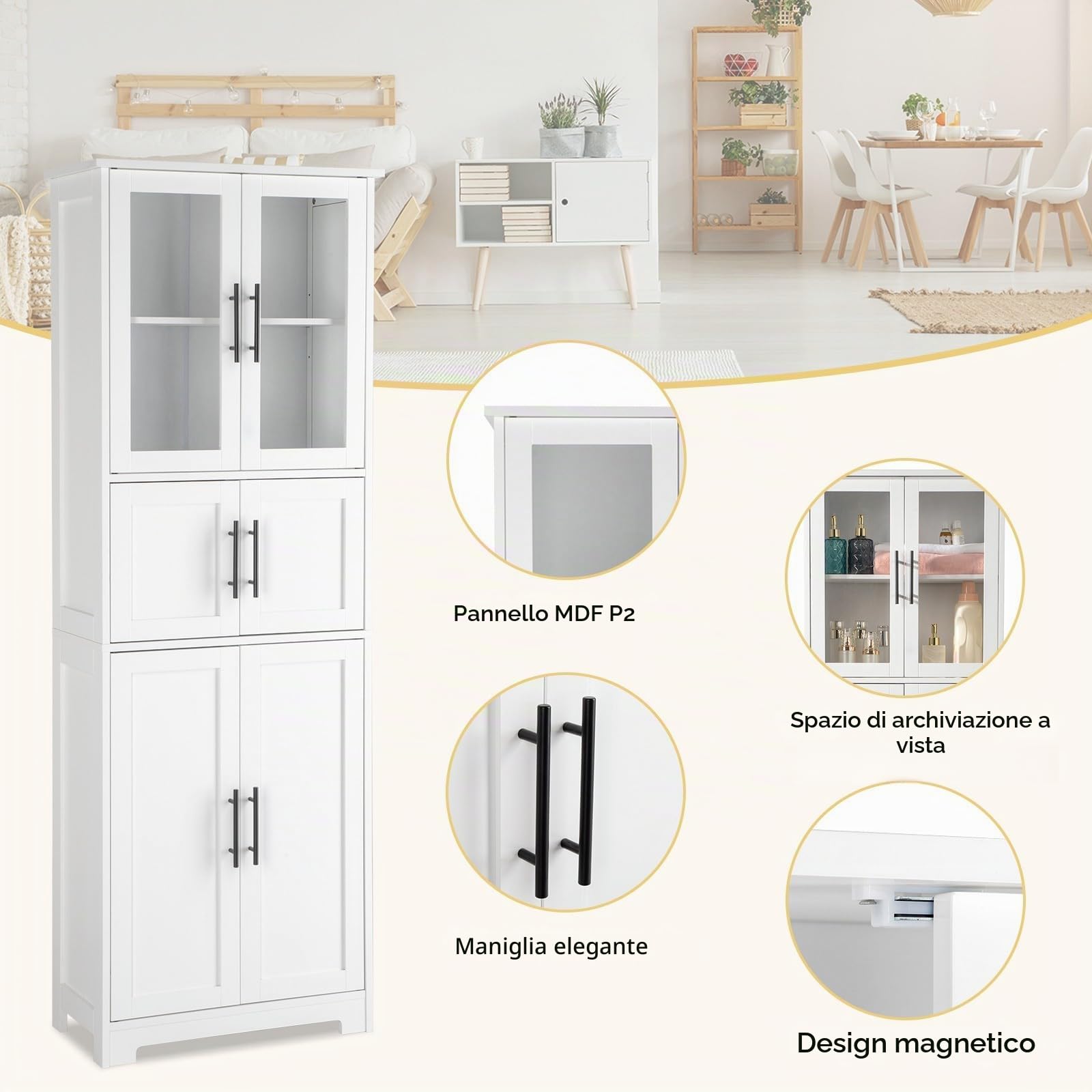 LEADZM Credenza da cucina alta, mobile per riporre oggetti, armadio, ampio spazio con 4 ante, due cassetti per soggiorno, camera da letto, ufficio, 60 x 30 x 170 cm (6 porte)