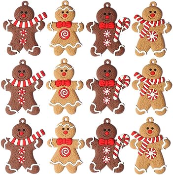 12 Gingerbread Man Ornaments - Gingerbread Christmas Hanging Charms Clay Figurines for Tree Decoration