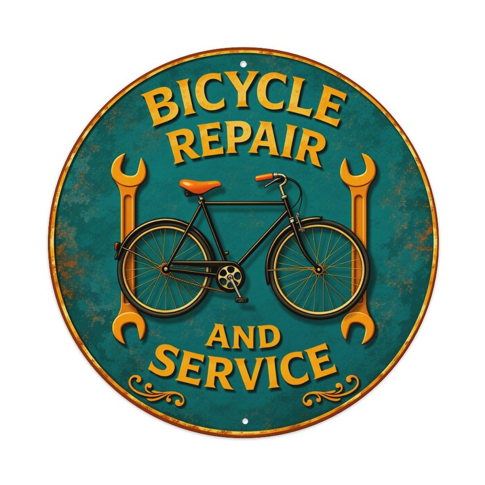 Bicycle Repair And Service Sign Round Tin Sign Vintage Metal Poster, Home Bar Garage Man Cave Cafe Indoor & Outdoor Wall Decoration 8x8Inches