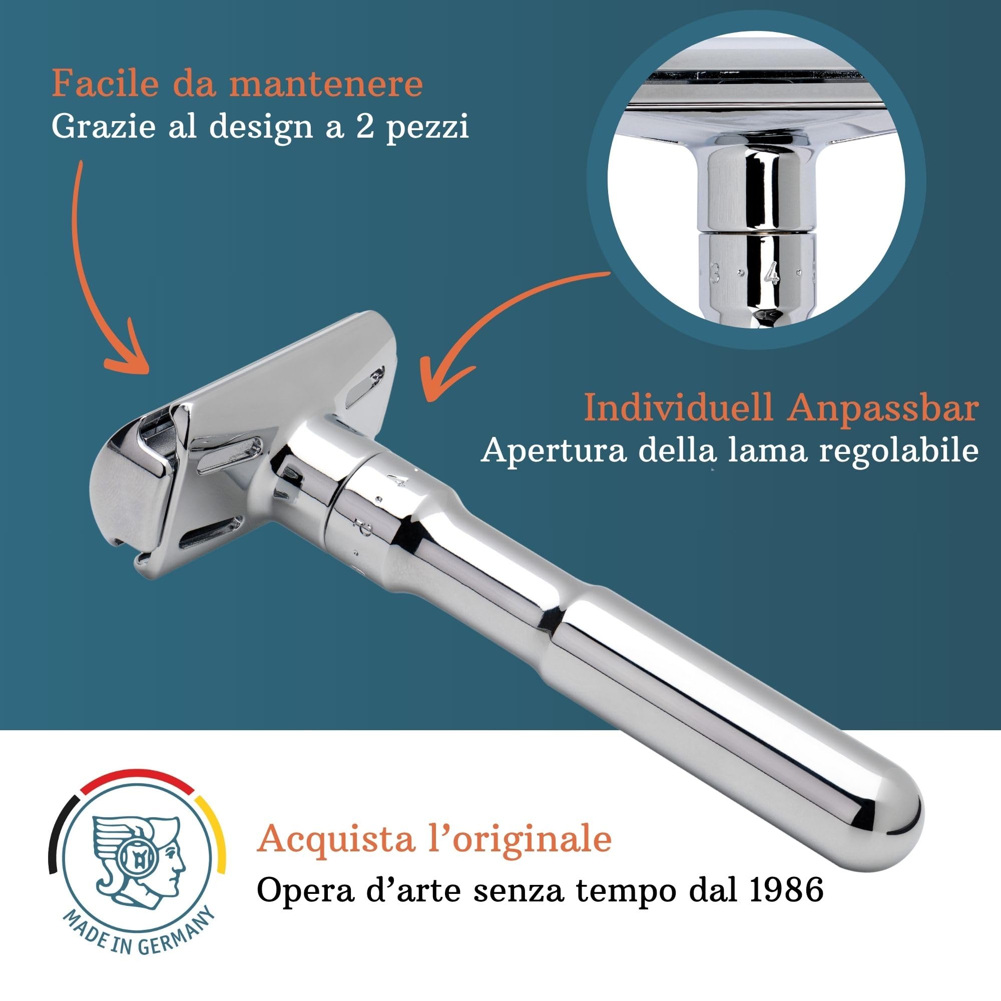 MERKUR Futur 701 Rasoio di sicurezza – Design iconico, finitura cromata lucida, struttura in due pezzi, taglio diritto, ideale per la rasatura tradizionale – Made in Germany