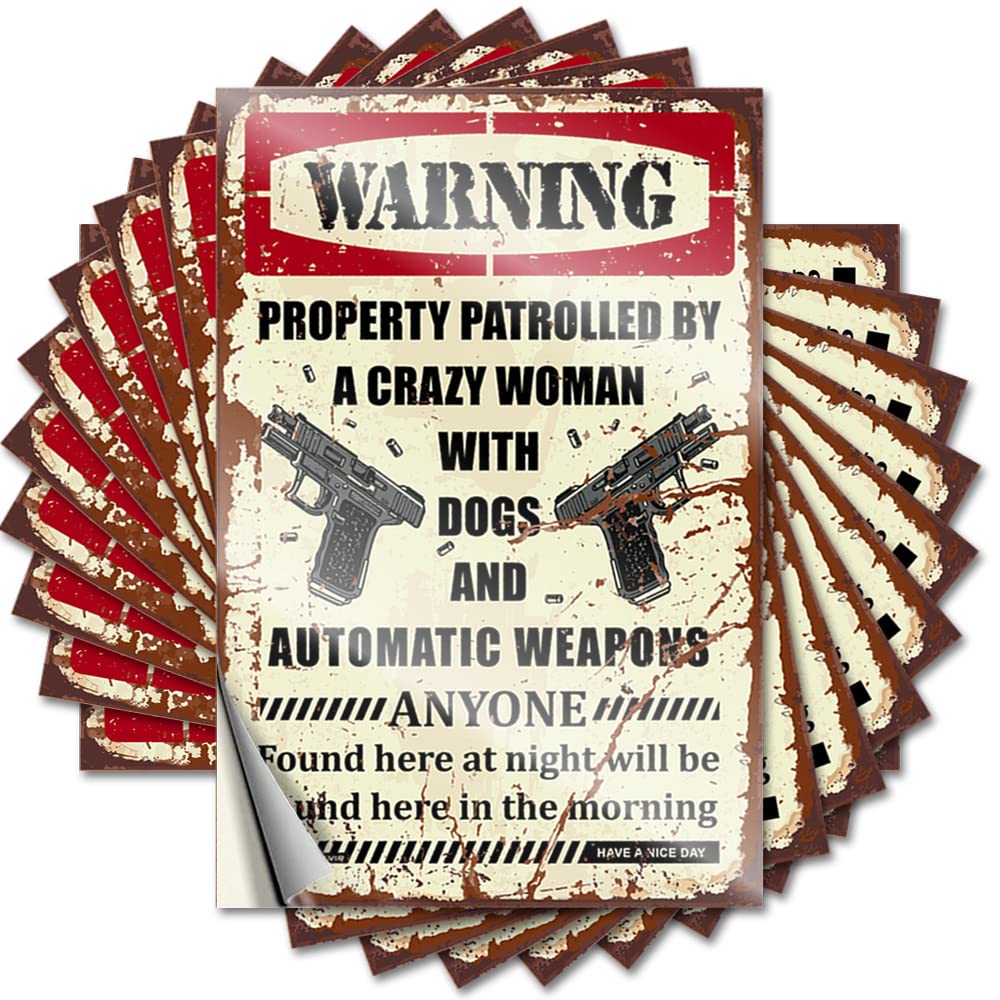 Kitchen Sets Stickers Wall | Warning Property Patrolled By A Crazy Bitch with Dogs and Automatic Weapons Metal Math Sticker Pack(12X18CM)