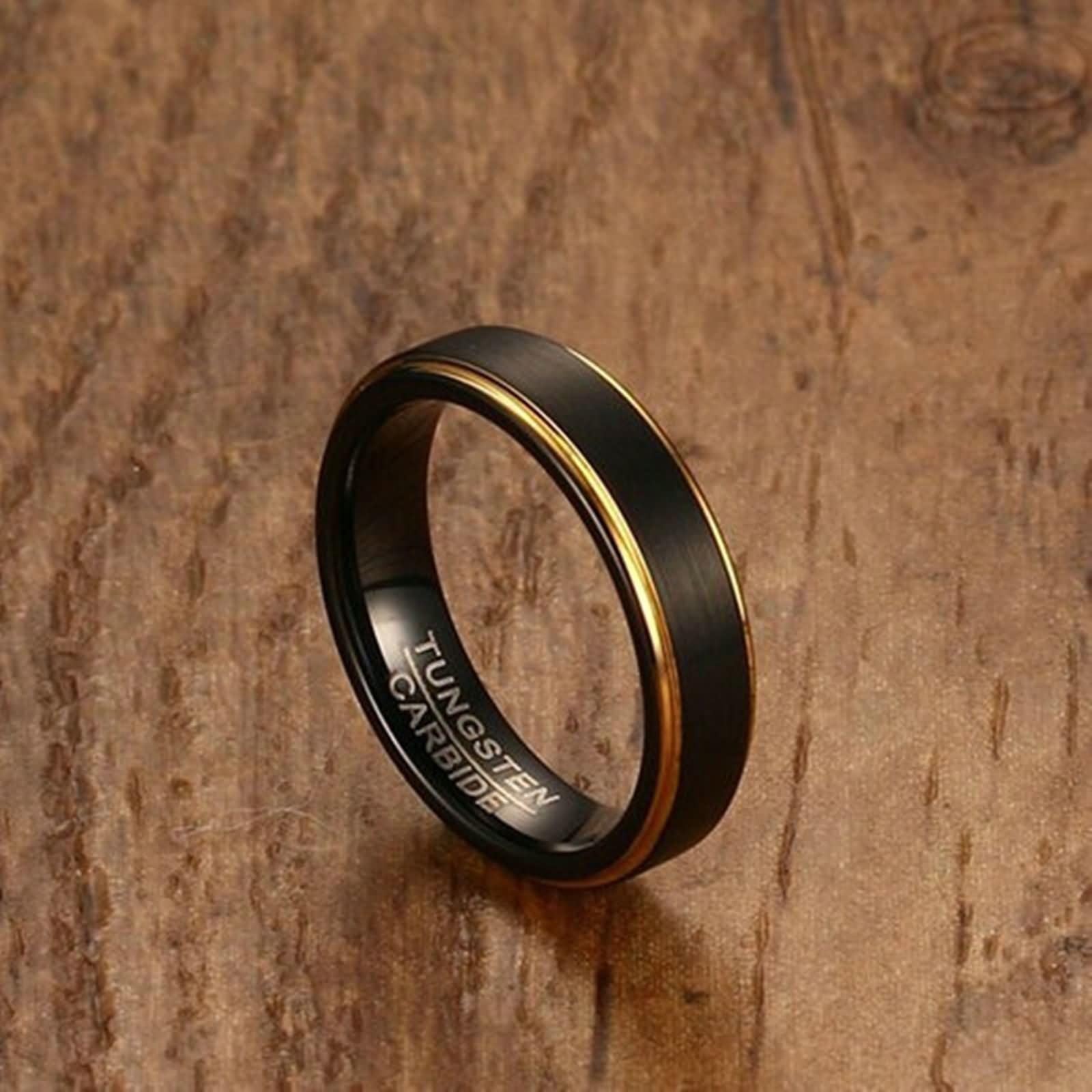 Wycian Männer Ringe, Verlobungsring Paar Wolfram 2 Stück 5 mm Schwarzer Gebürsteter Ring mit Goldrand Bandring Größe Damen 52 (16.6) Herren 54 (17.2)
