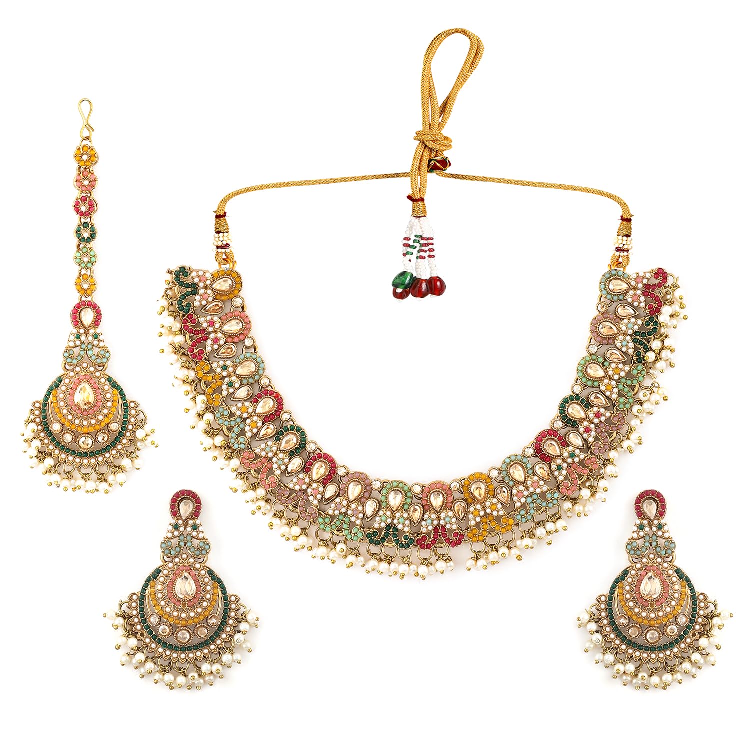 22K Gold-Plated Multicolor Kundan & Pearl Beaded Handcrafted Choker Necklace Set with Maang Tikka-image-48